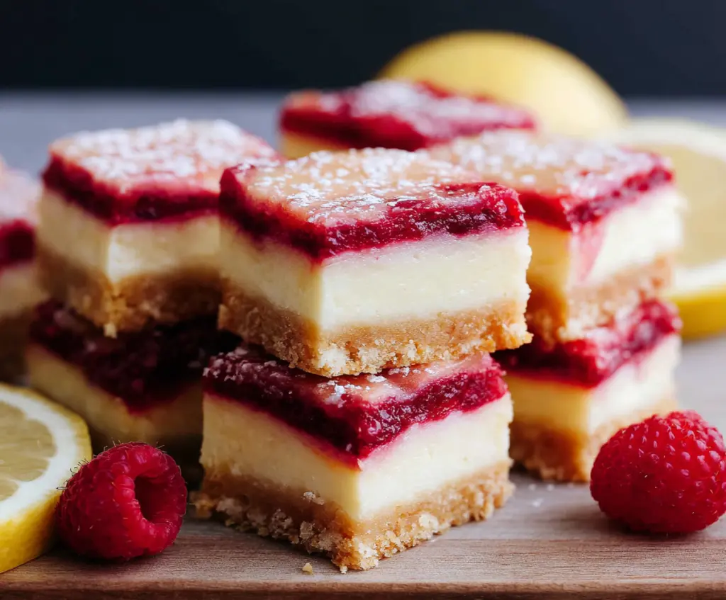 Delicious raspberry lemon cheesecake bars with a creamy filling and fresh raspberry topping