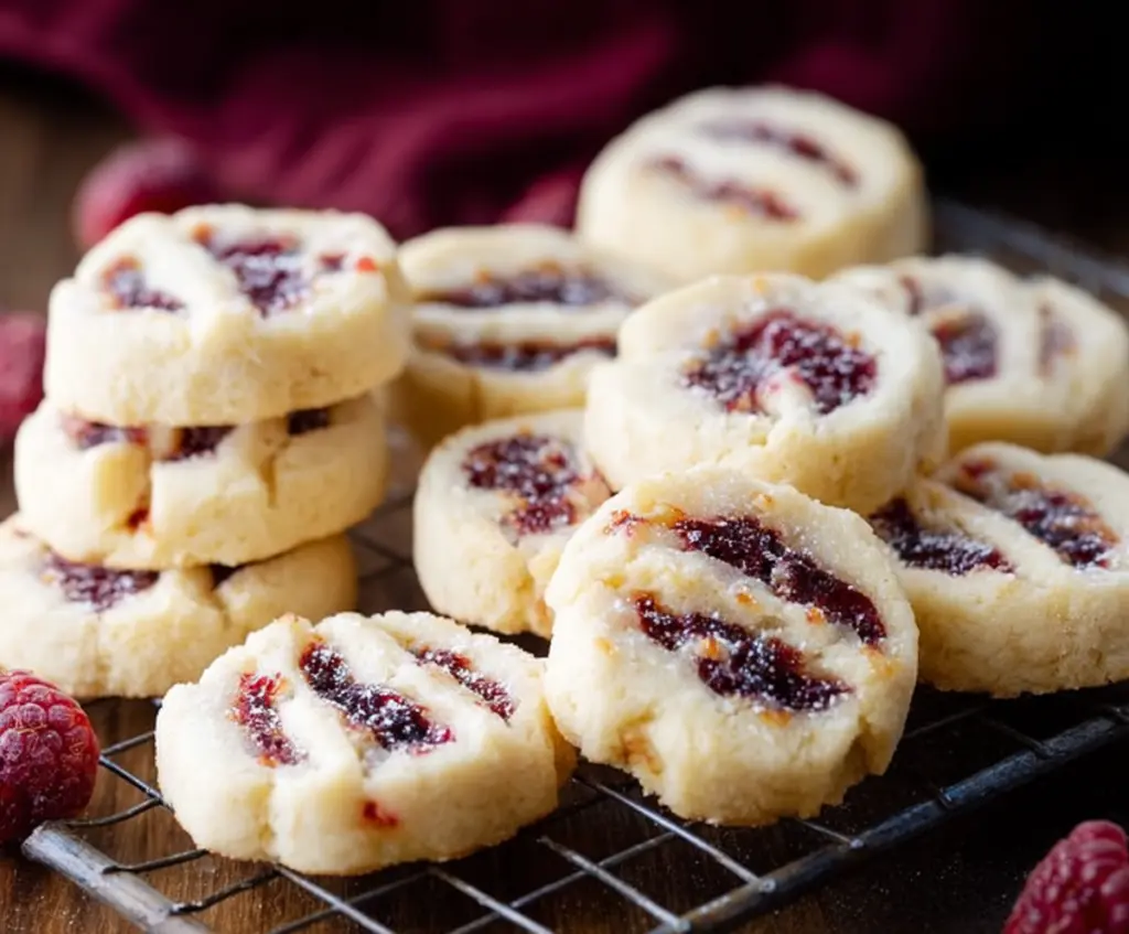Delicious homemade raspberry shortbread cookies with fresh raspberries on a rustic wooden table.