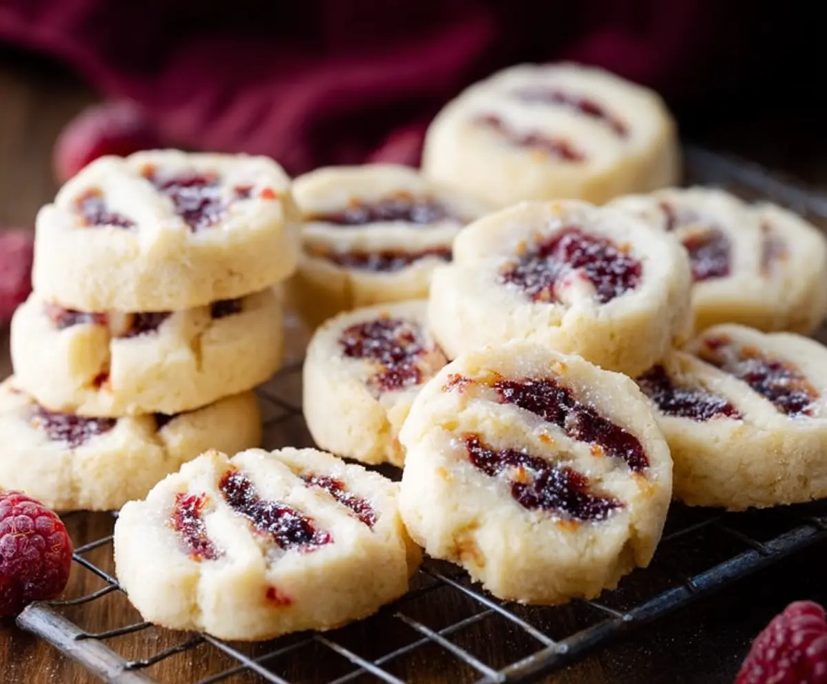 Delicious homemade raspberry shortbread cookies with fresh raspberries on a rustic wooden table.