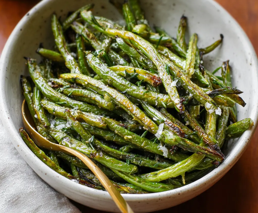 Delicious roasted green beans garnished with herbs on a white plate
