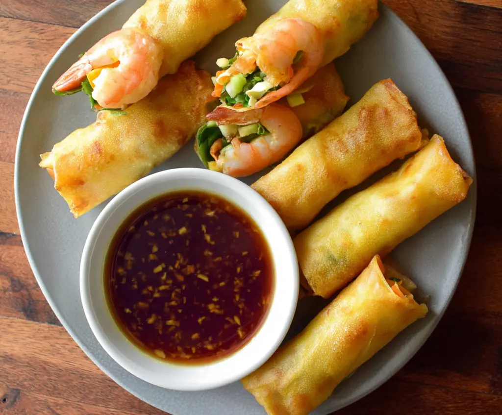 Fresh shrimp and pork spring rolls with herbs and dipping sauce on a white plate.