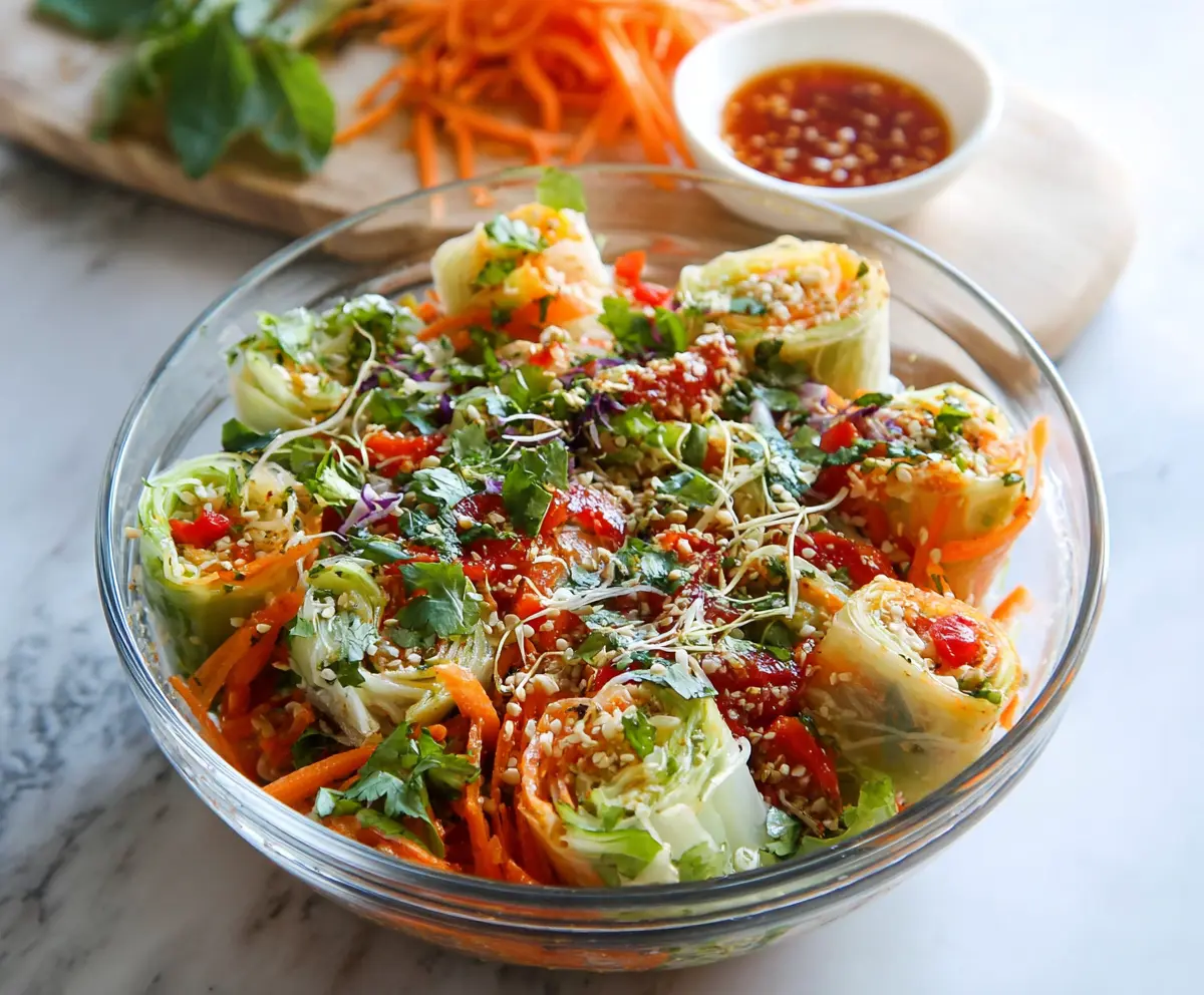 Fresh spring roll salad with vibrant vegetables and herbs, topped with spicy ginger dressing.