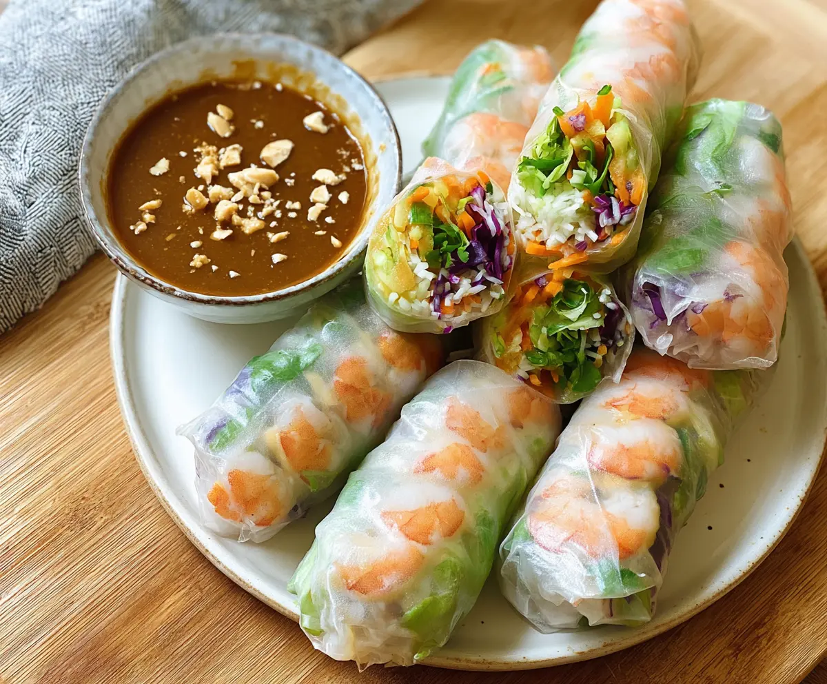 Fresh spring rolls filled with vegetables and shrimp served with creamy peanut sauce
