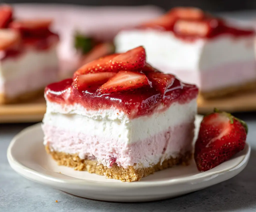 Delicious strawberry cheesecake bars with fresh strawberries and creamy filling on a baking tray