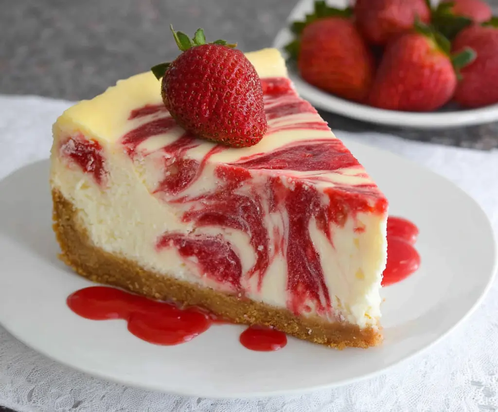 Delicious strawberry swirl cheesecake with a creamy texture and fresh strawberry topping.