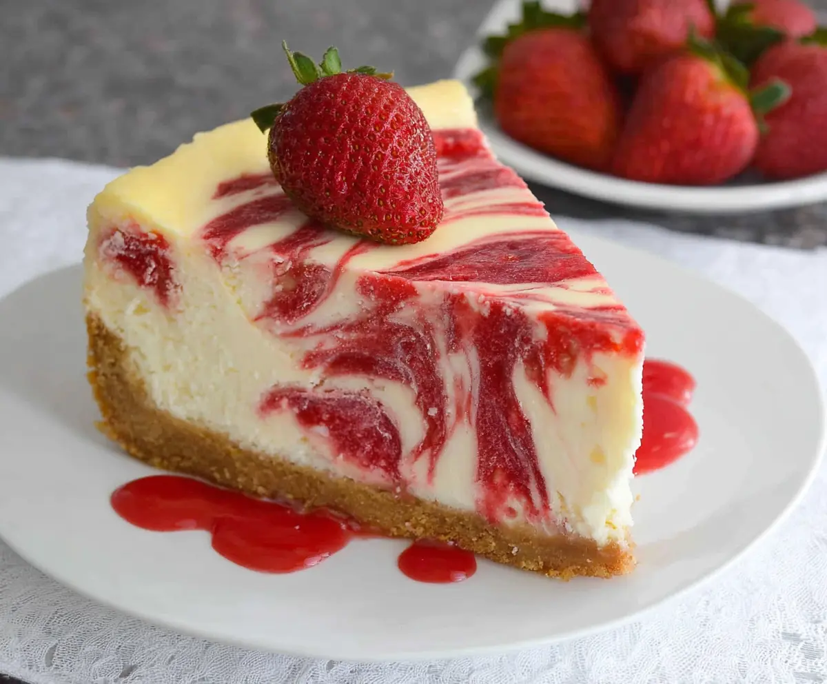 Delicious strawberry swirl cheesecake with a creamy texture and fresh strawberry topping.