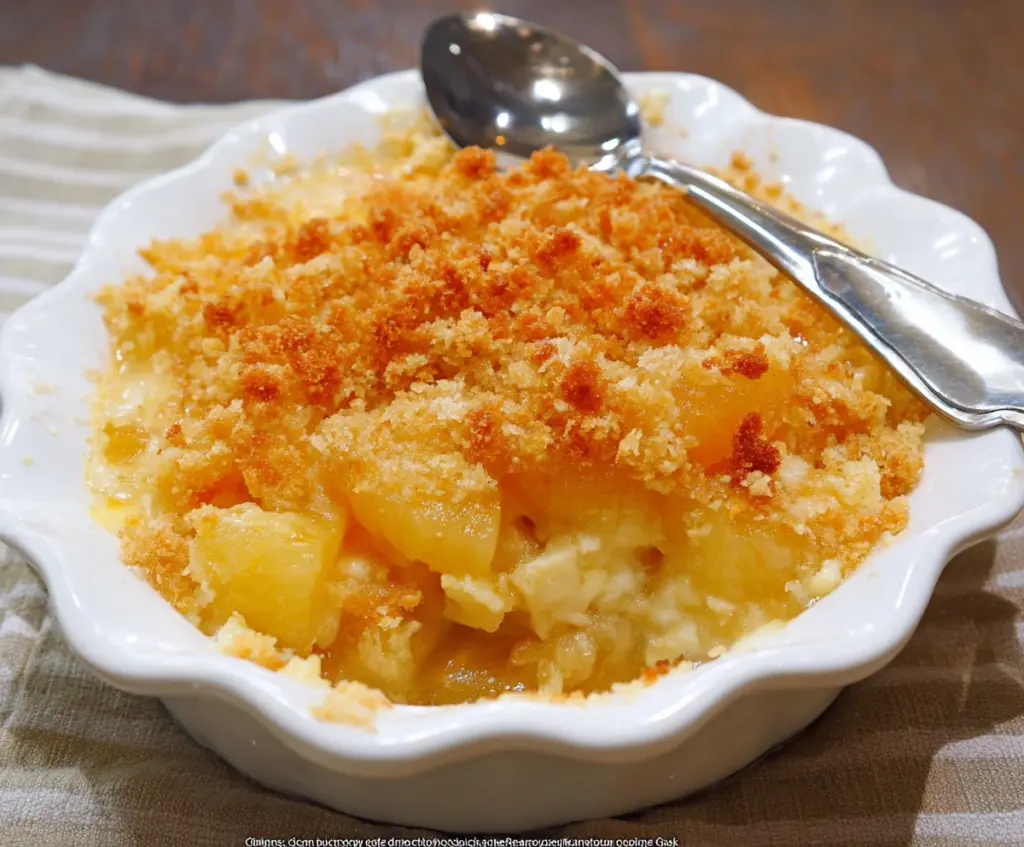 Delicious Sweet And Sour Pineapple Casserole served in a bowl with pineapple chunks and colorful vegetables.