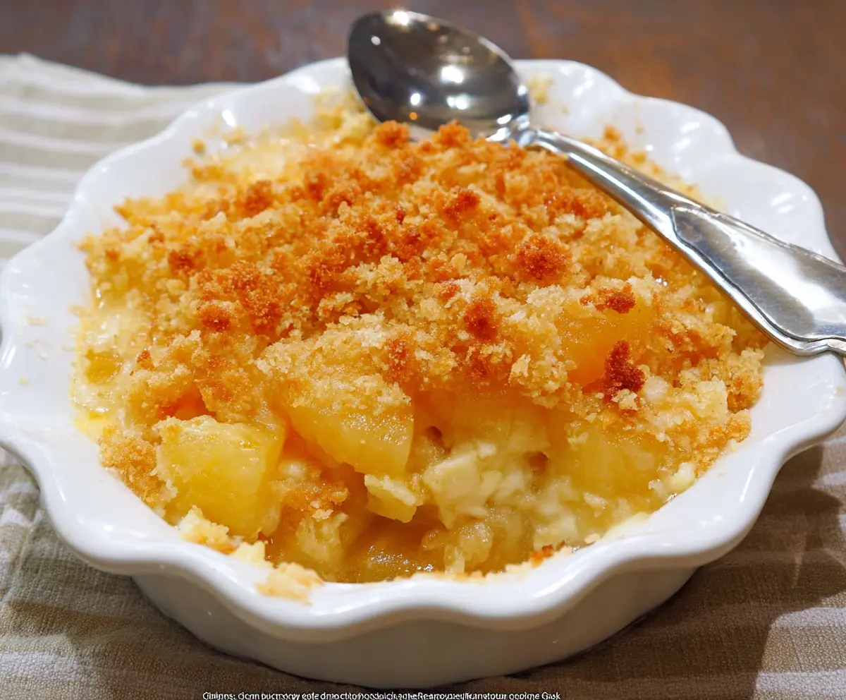 Delicious Sweet And Sour Pineapple Casserole served in a bowl with pineapple chunks and colorful vegetables.