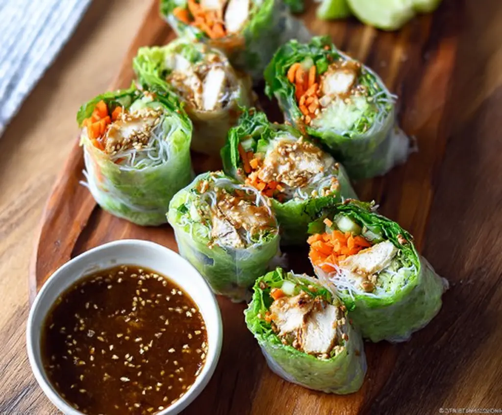 Delicious Bang Bang Chicken Rice Paper Rolls with fresh ingredients and spicy sauce