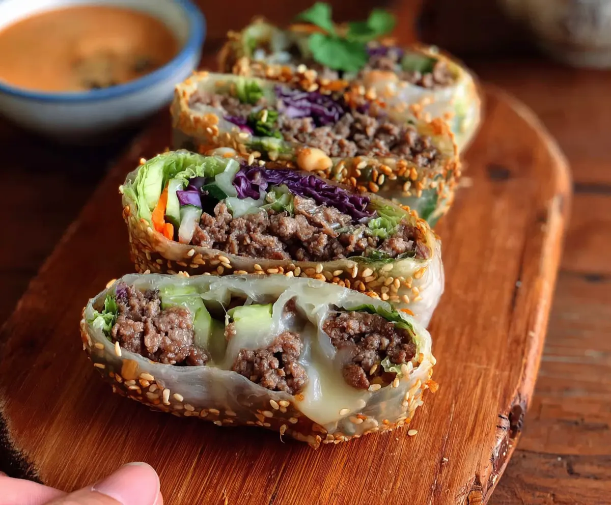 Delicious Big Mac Rice Paper Rolls with layers of beef, cheese, lettuce, and Big Mac sauce.