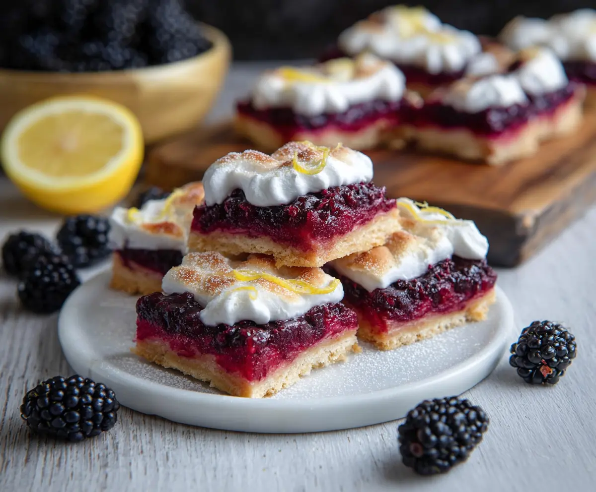 Close-up of Blackberry Lemon Squares showcasing a vibrant yellow and deep purple dessert on a white plate.
