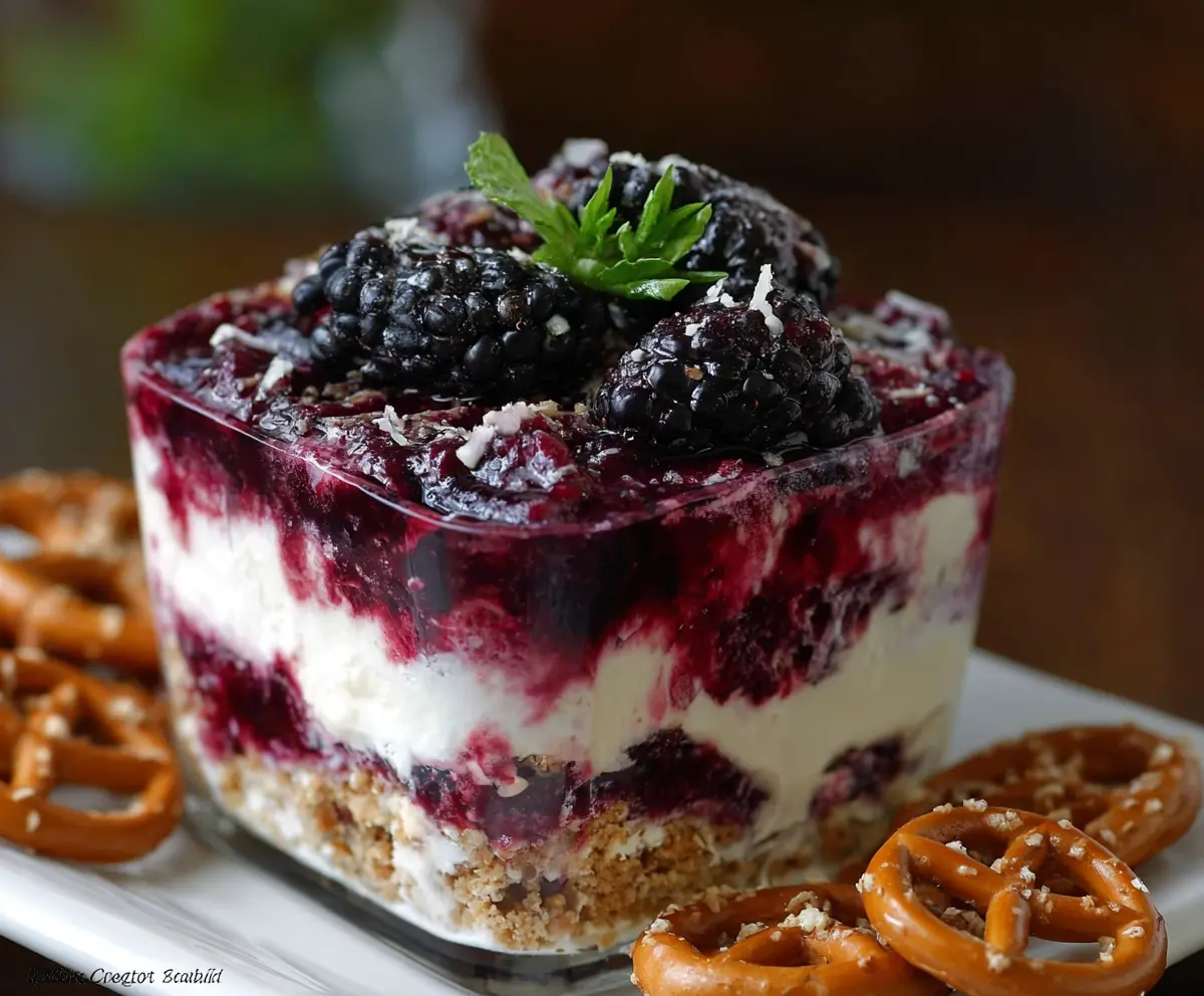 Delicious Blackberry Pretzel Dessert with fresh blackberries and a crunchy pretzel crust