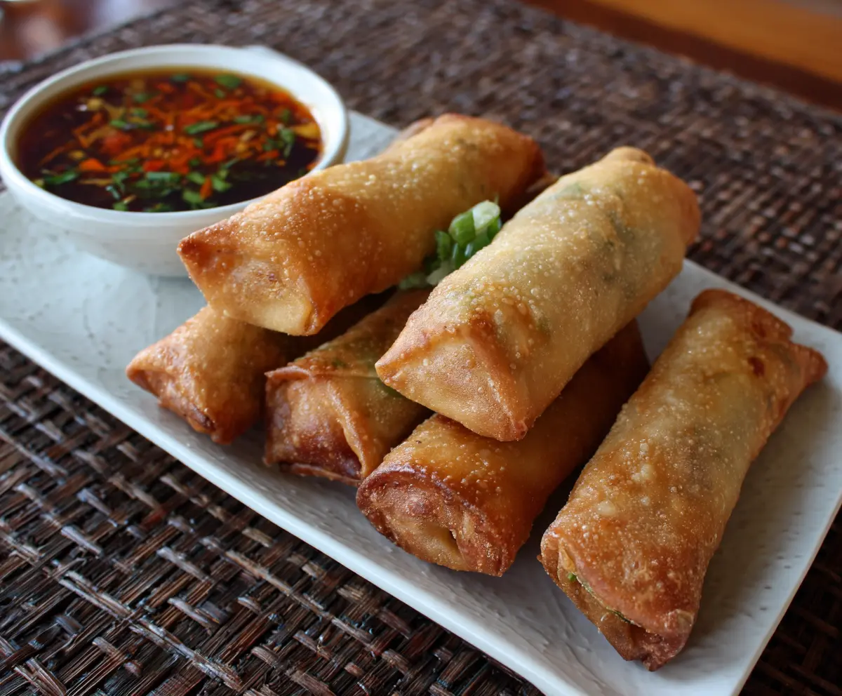 Crispy Chinese Spring Rolls filled with vegetables and served with dipping sauce.