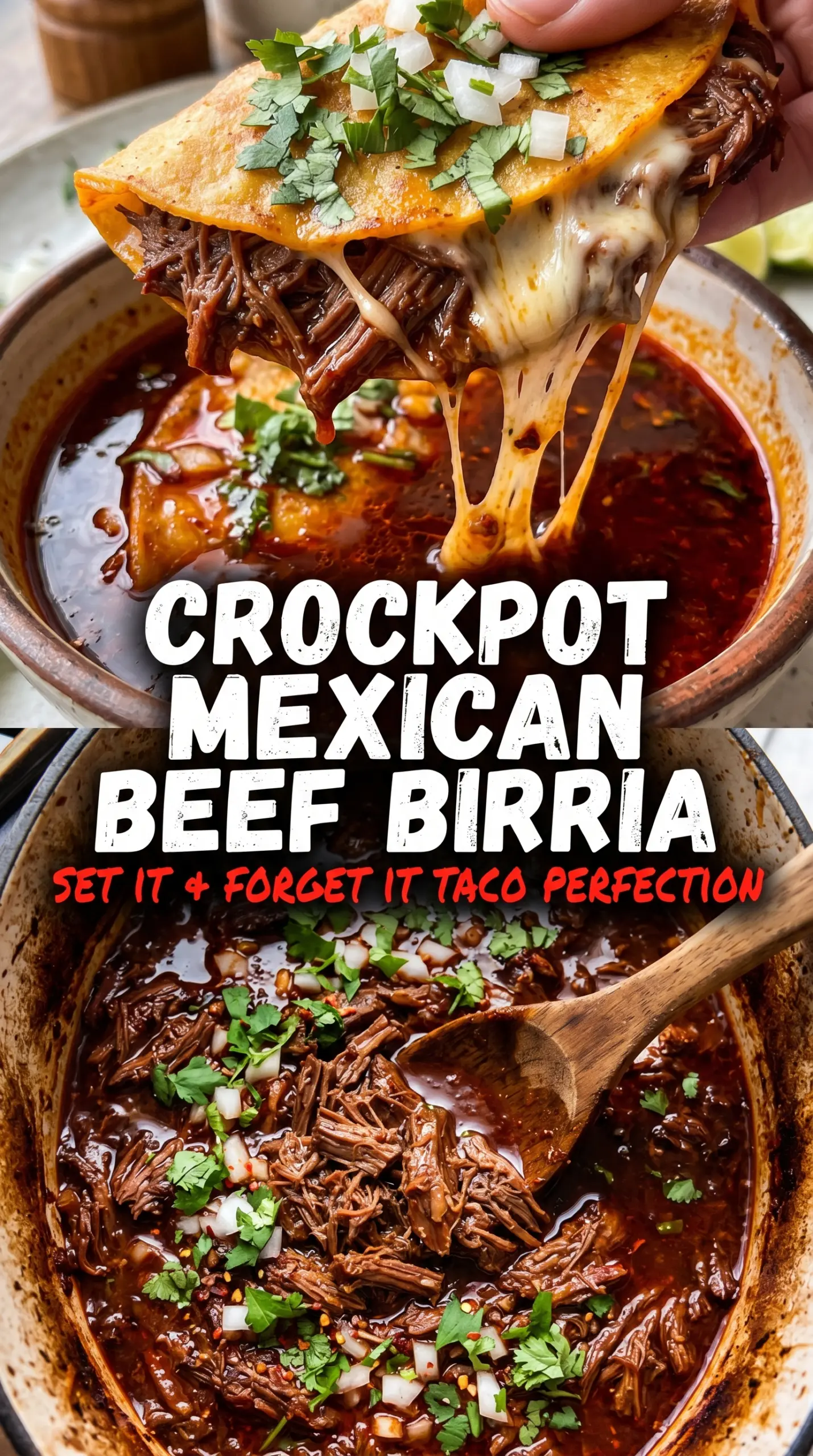 Crockpot Mexican Beef Birria shredded beef glossy red sauce