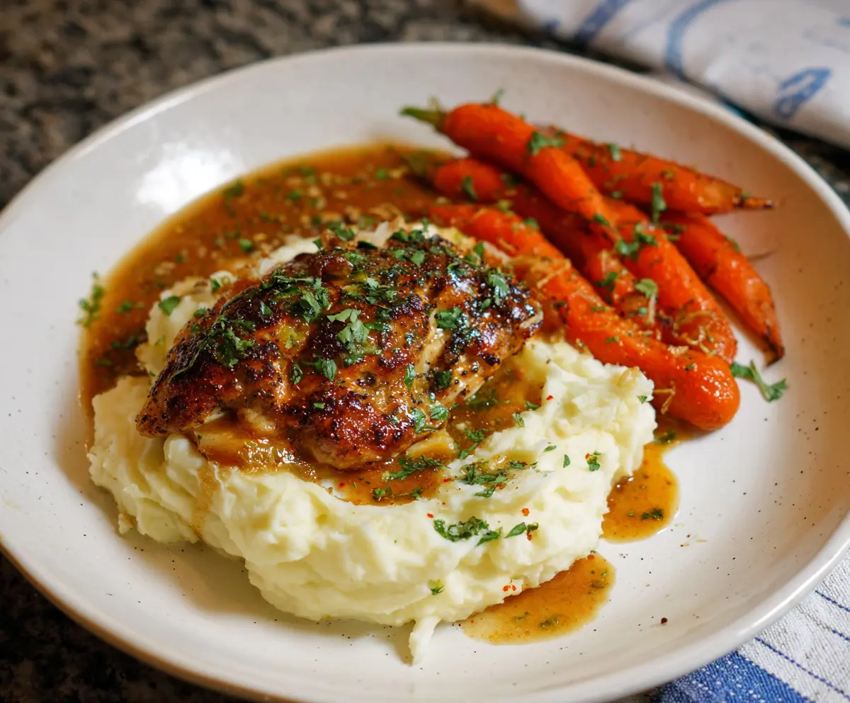 Delicious garlic herb chicken served with creamy mashed potatoes and glazed carrots on a dinner plate.
