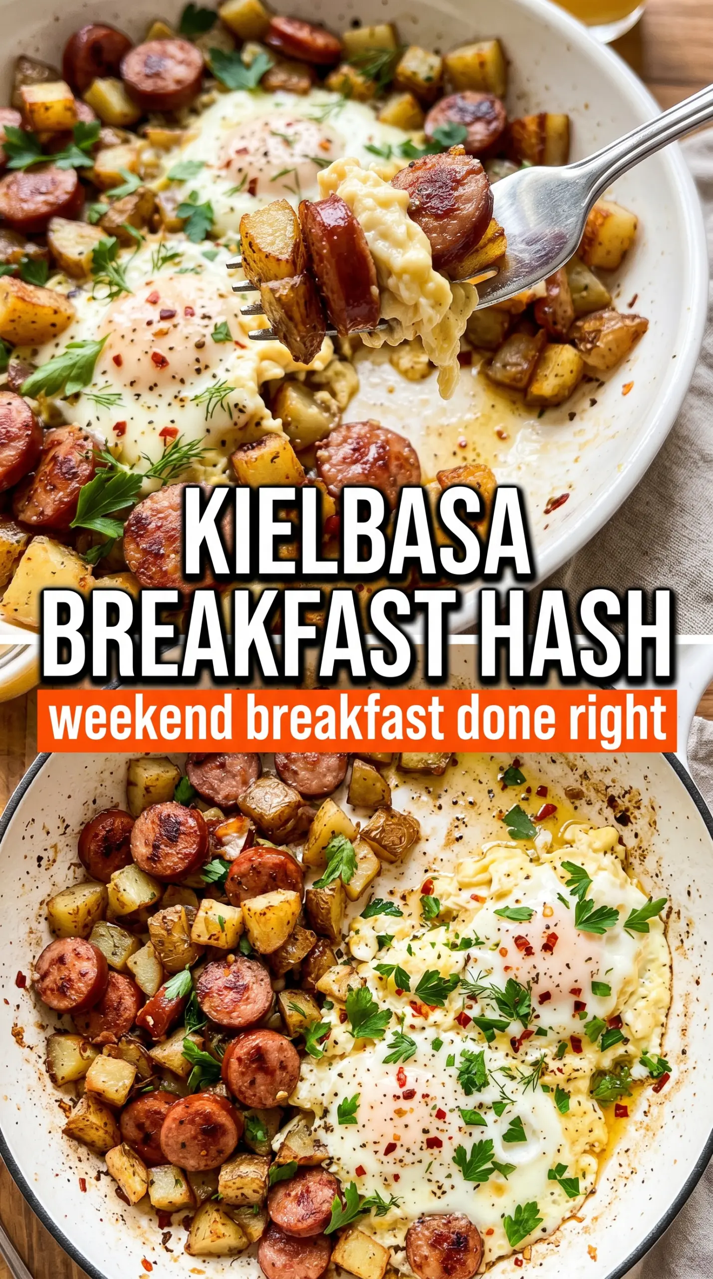 Kielbasa Breakfast Hash crispy potatoes, smoky sausage, sunny-side up egg