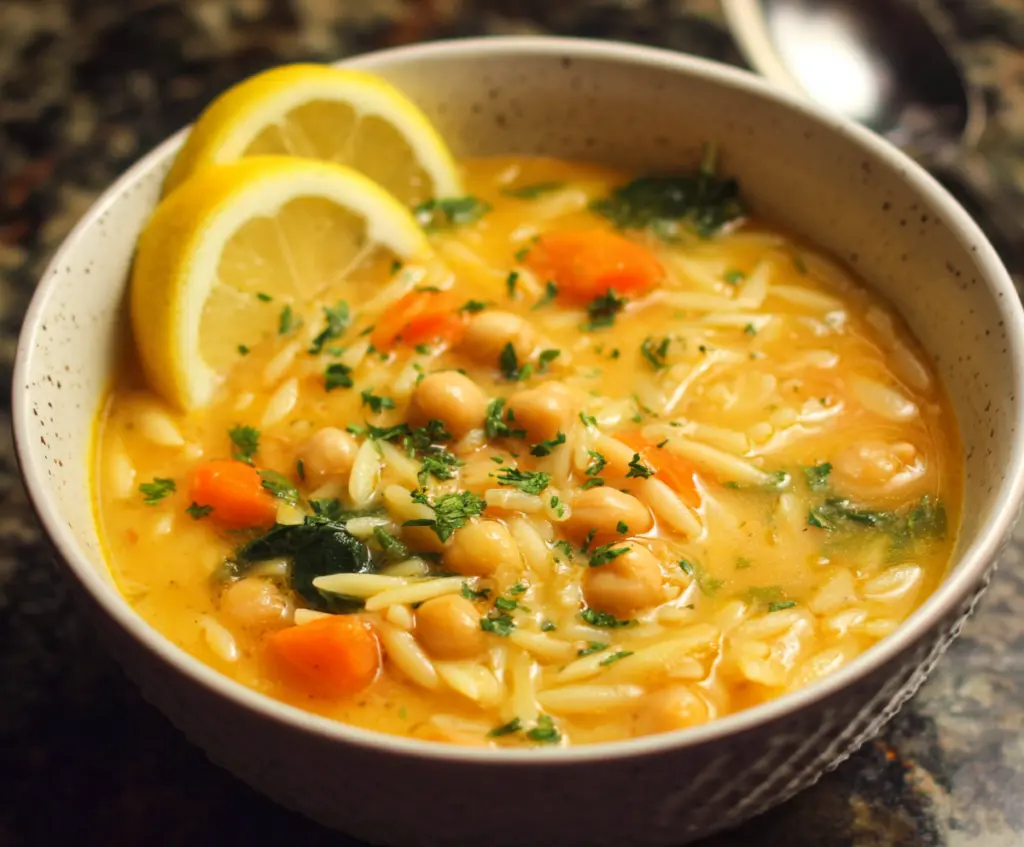 Creamy Lemon Chickpea Orzo Soup in a bowl, garnished with fresh herbs, ideal for a healthy vegan meal.