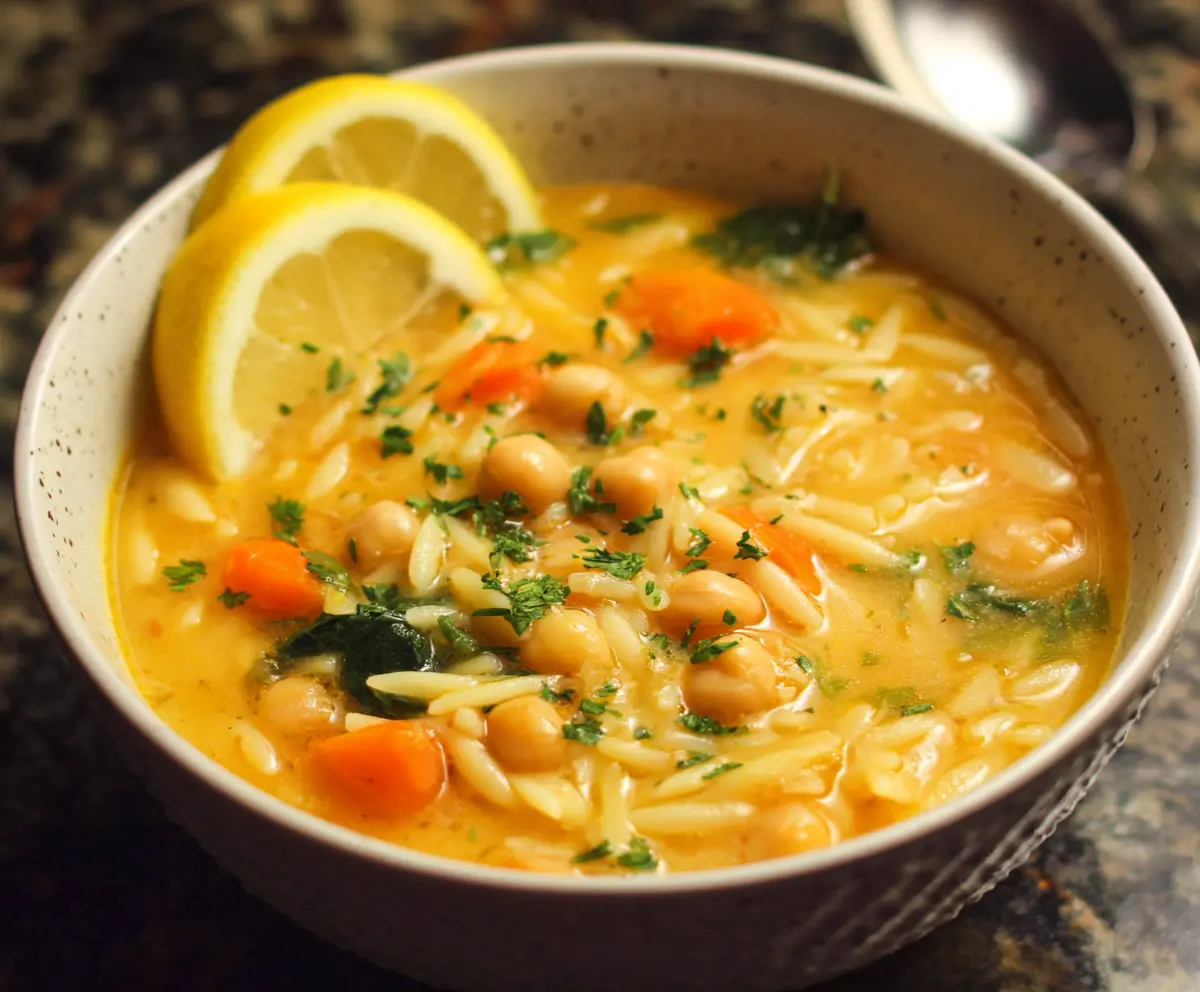 Creamy Lemon Chickpea Orzo Soup in a bowl, garnished with fresh herbs, ideal for a healthy vegan meal.