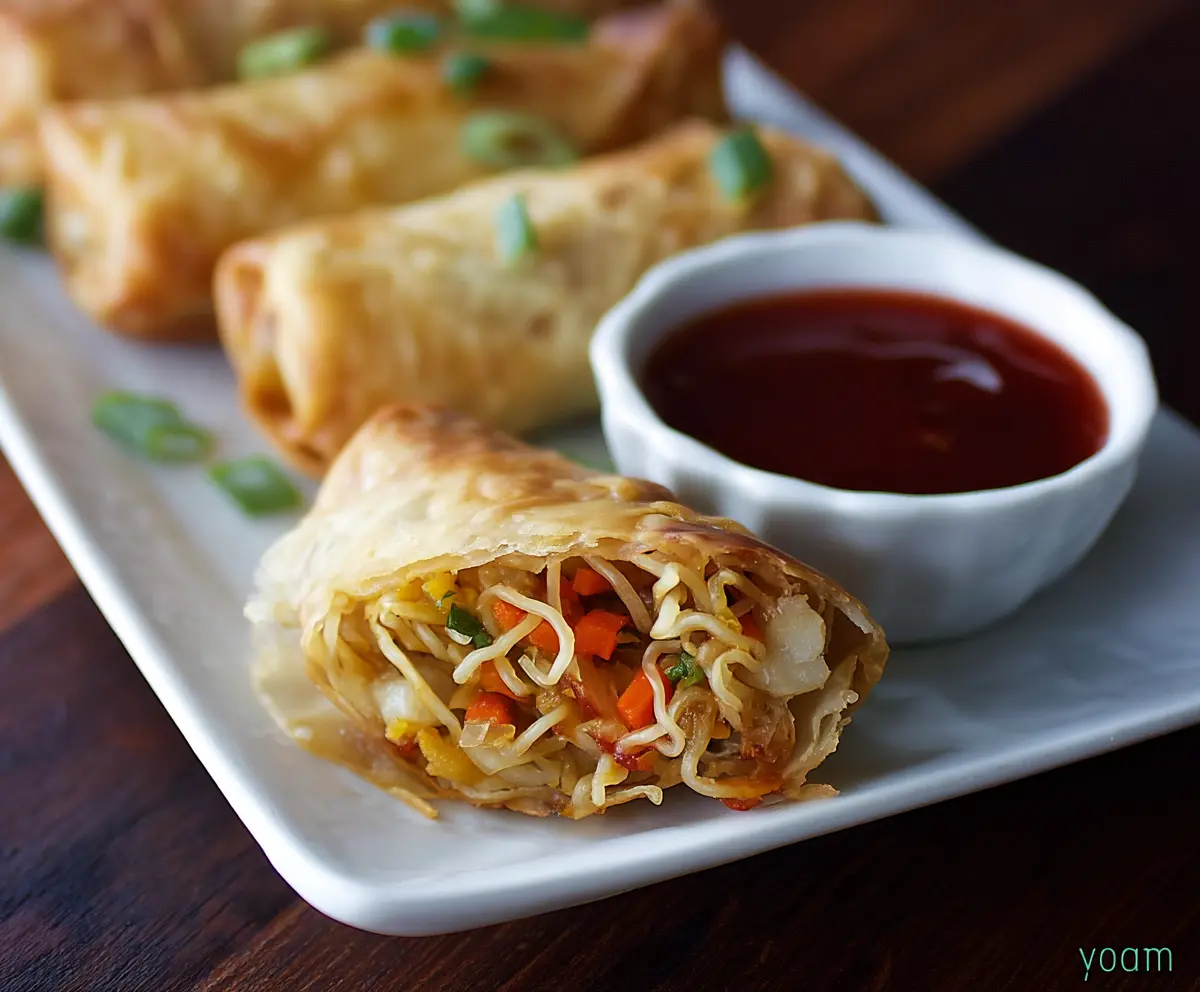 Delicious Lo Mein Spring Rolls with fresh vegetables and savory dipping sauce.