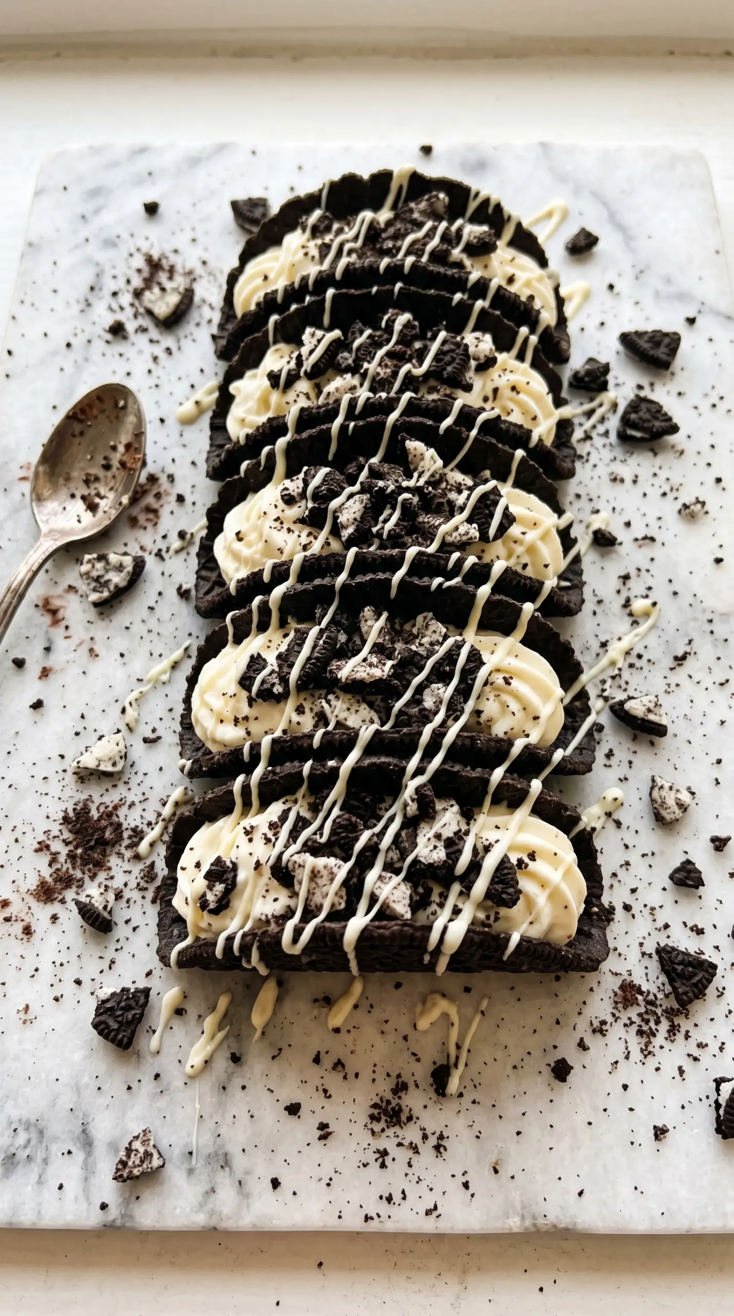 mini Oreo cheesecake tacos with crispy wonton shells, creamy Oreo cheesecake filling and chocolate drizzle