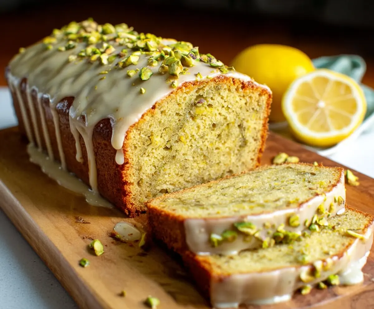 Delicious Pistachio Lemon Pound Cake garnished with fresh lemon slices and chopped pistachios.