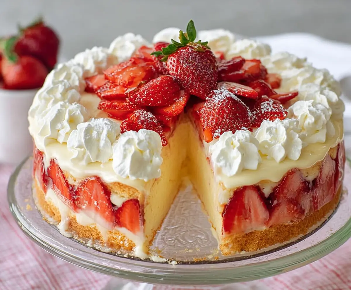 Delicious strawberry custard cake with fresh strawberries and creamy filling, perfect for dessert lovers.