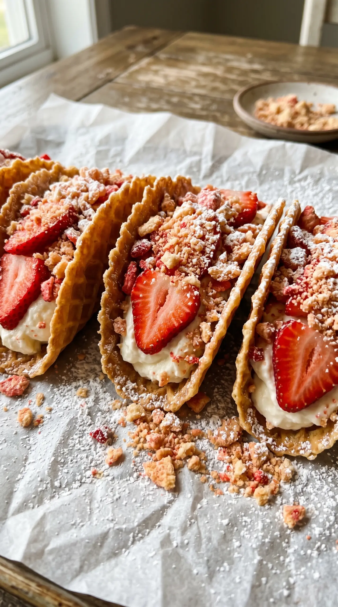 strawberry cheesecake tacos with crispy wonton shells, fluffy cheesecake mousse, fresh strawberries and graham cracker crunch topping