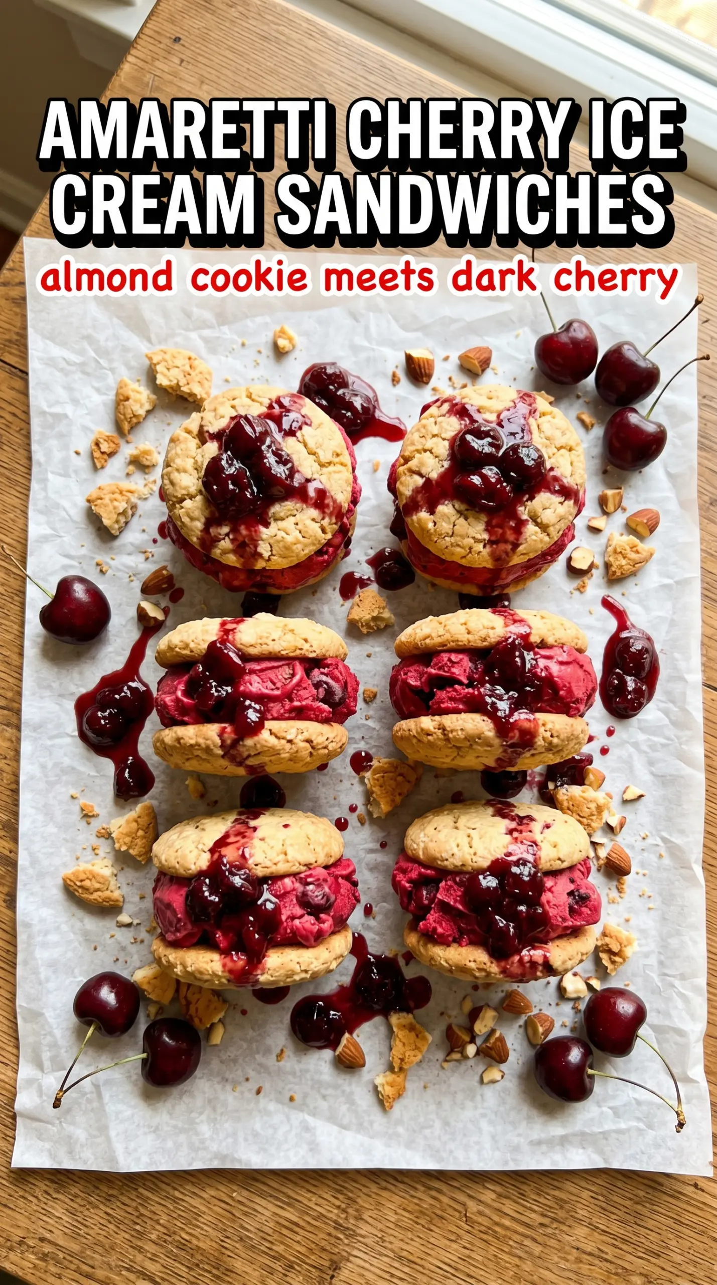 Amaretti Cherry Ice Cream Sandwiches with almond cookies and cherry filling