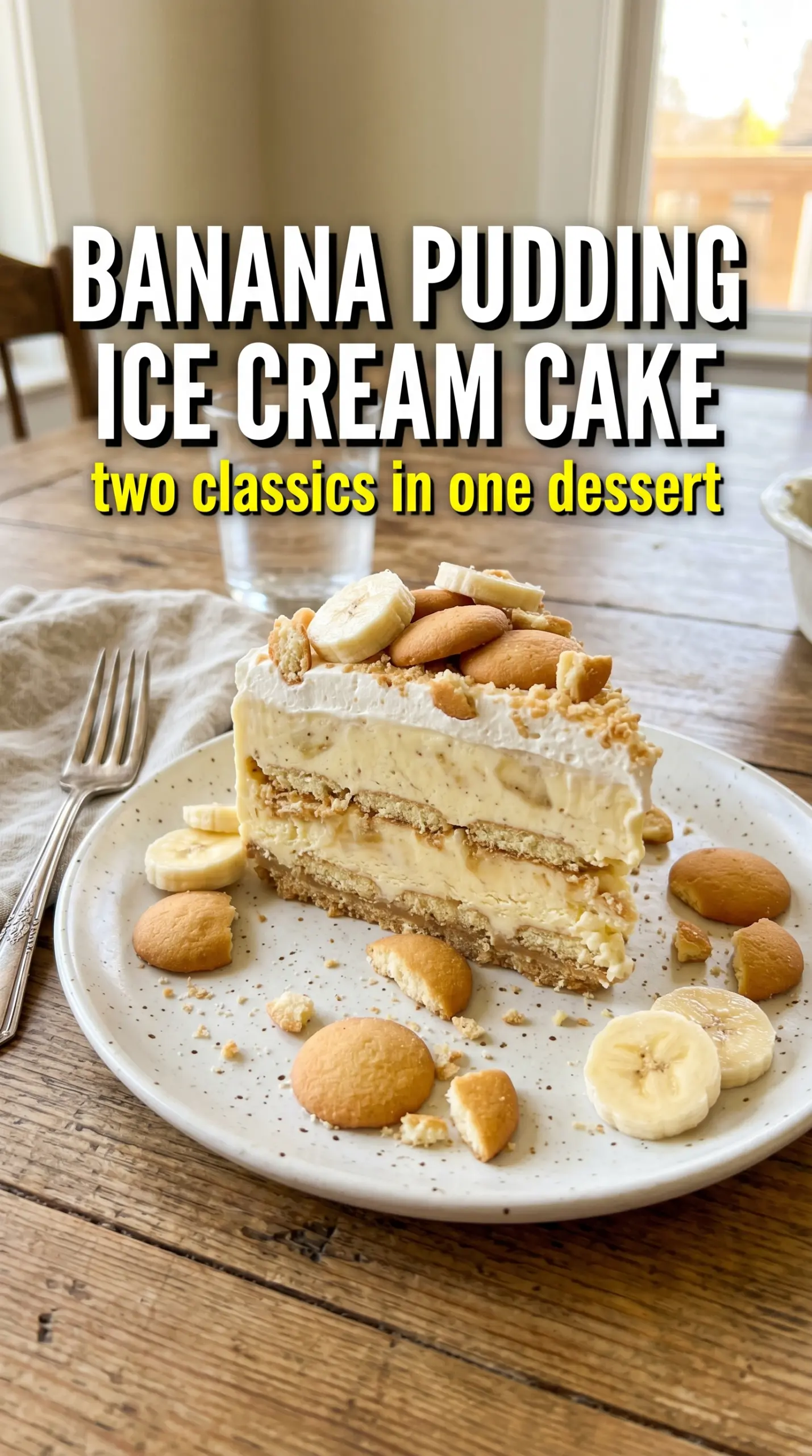 Slice of layered ice cream cake on a plate