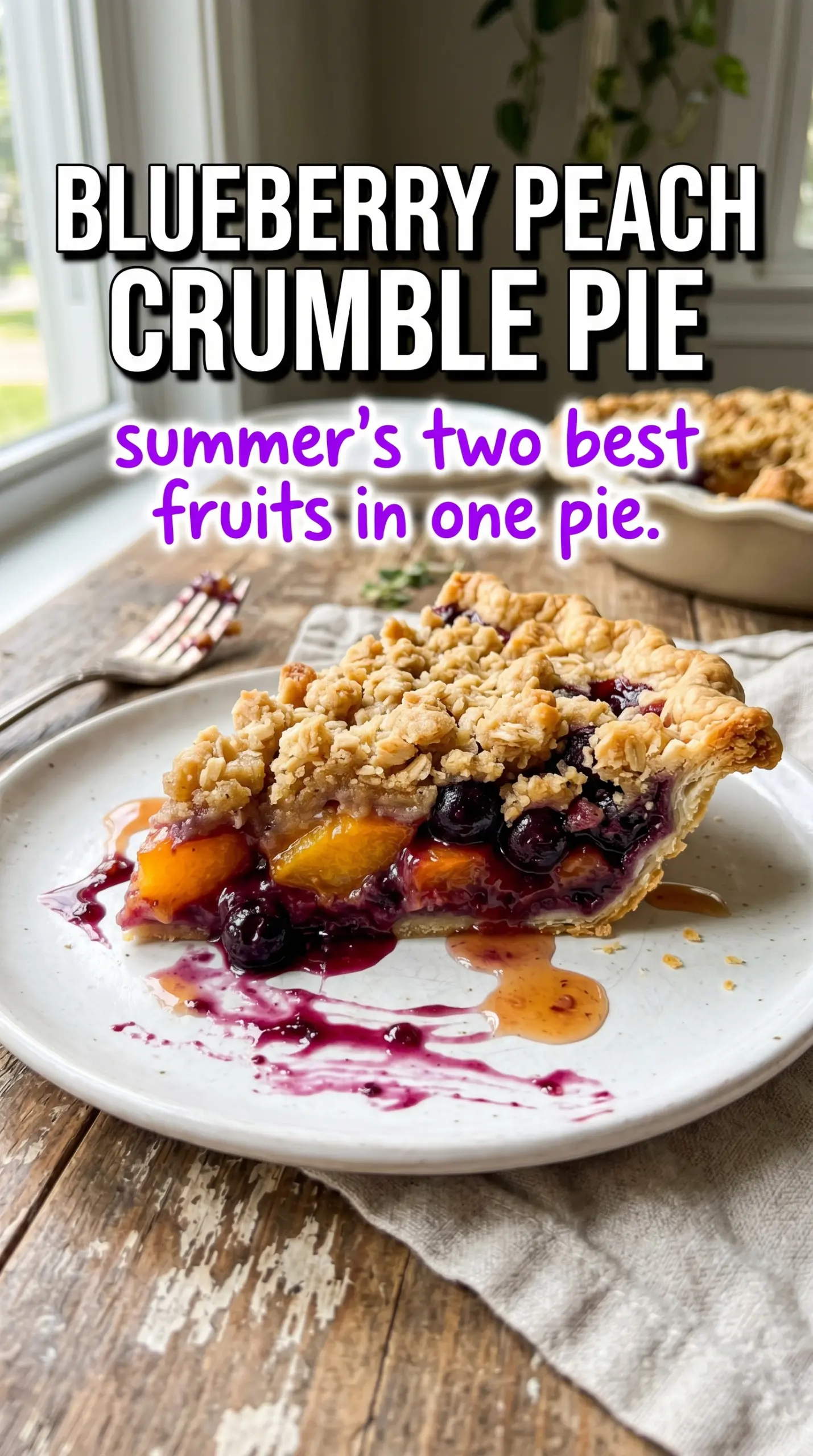 Blueberry Peach Crumble Pie with crumbly topping, jammy filling