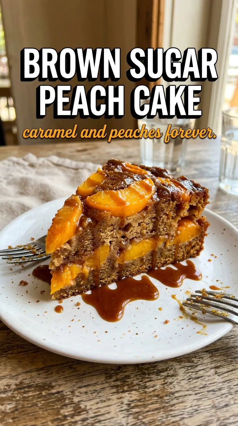 Slice of peach cake with frosting or glaze