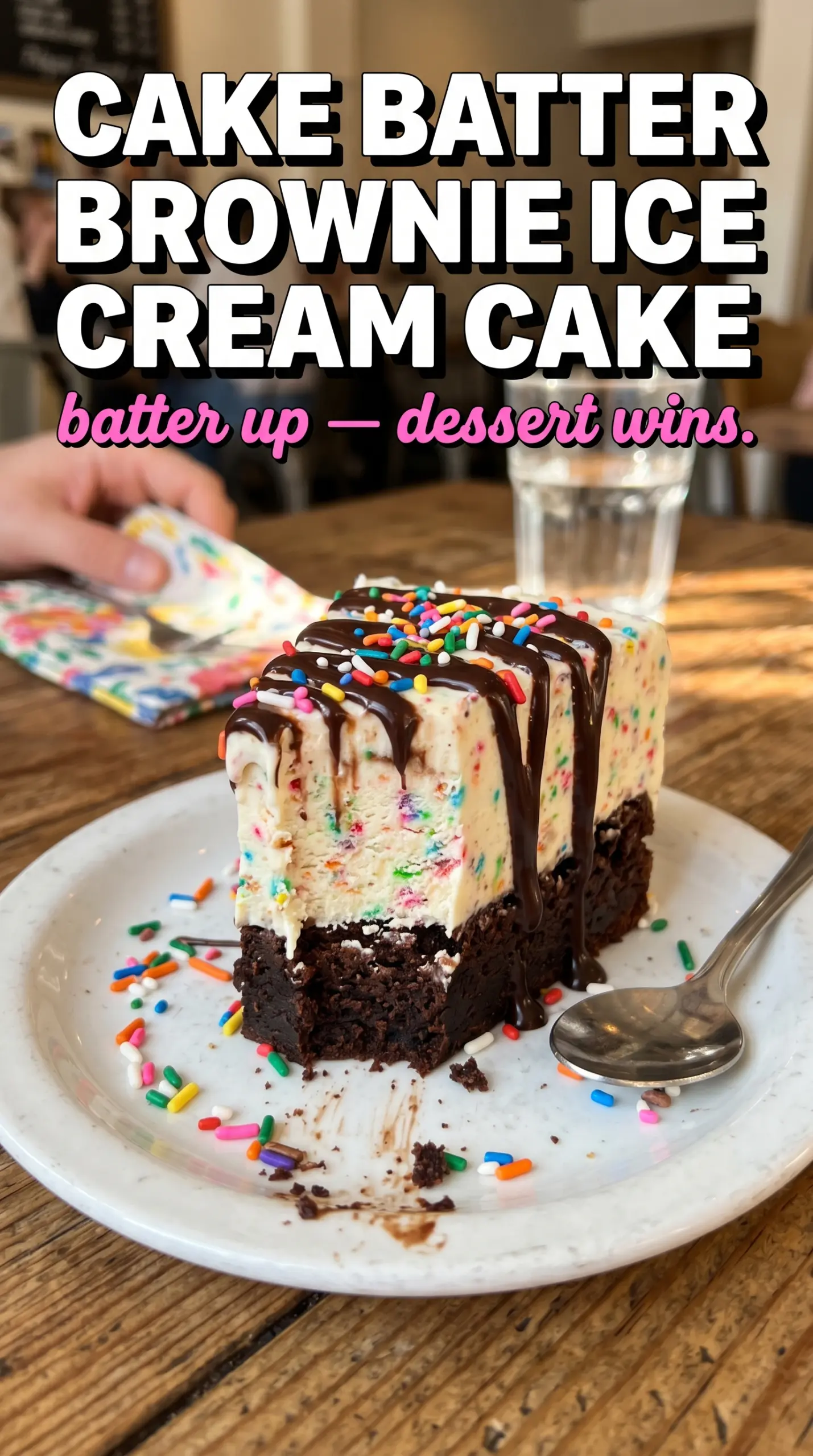 Slice of layered ice cream cake on a plate