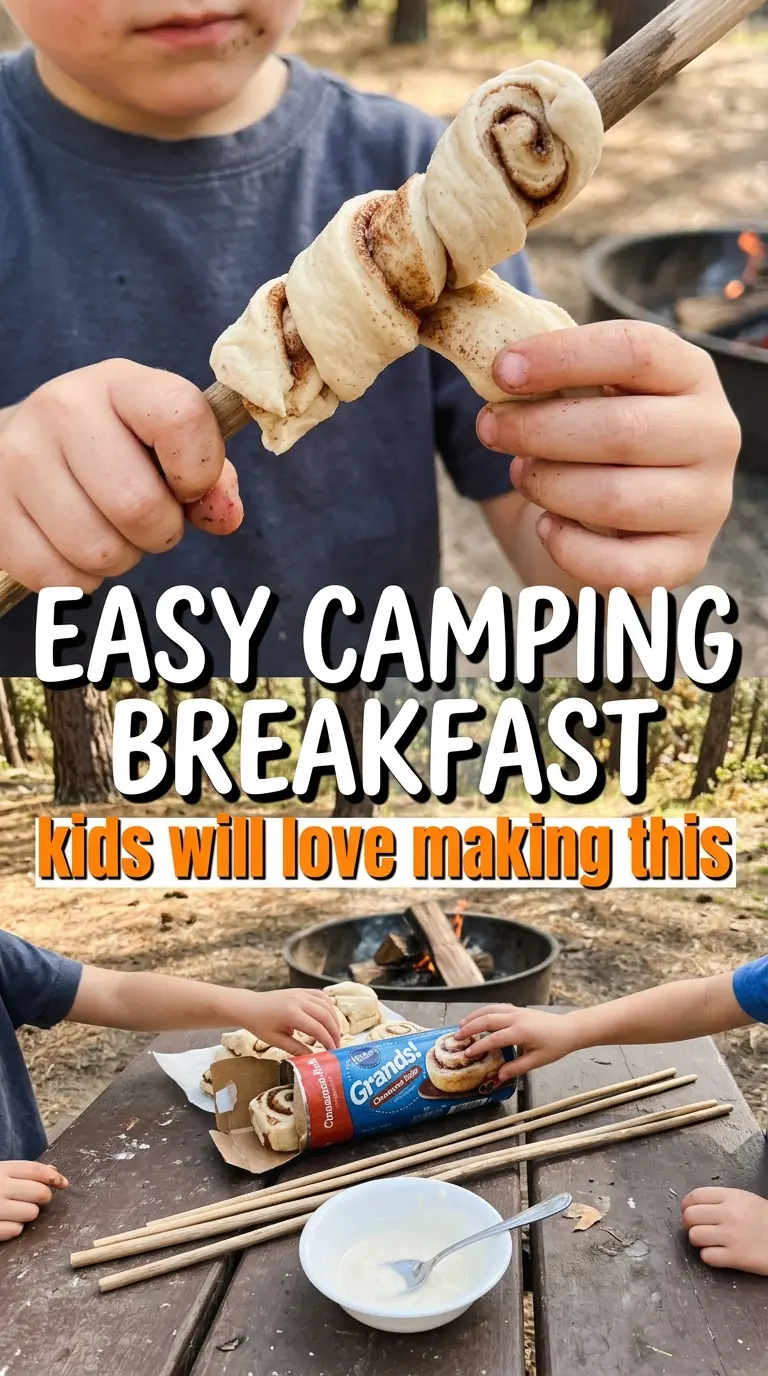 Campfire Cinnamon Rolls on a Stick golden spiral, roasted, campfire breakfast