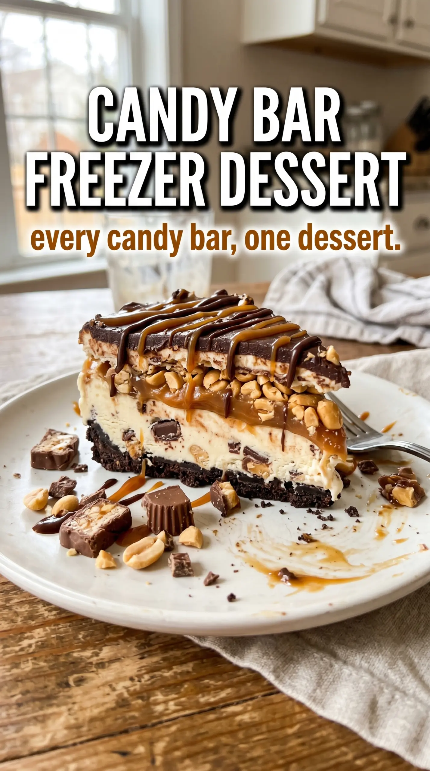 Candy Bar Freezer Dessert creamy caramel, candy-studded, frozen