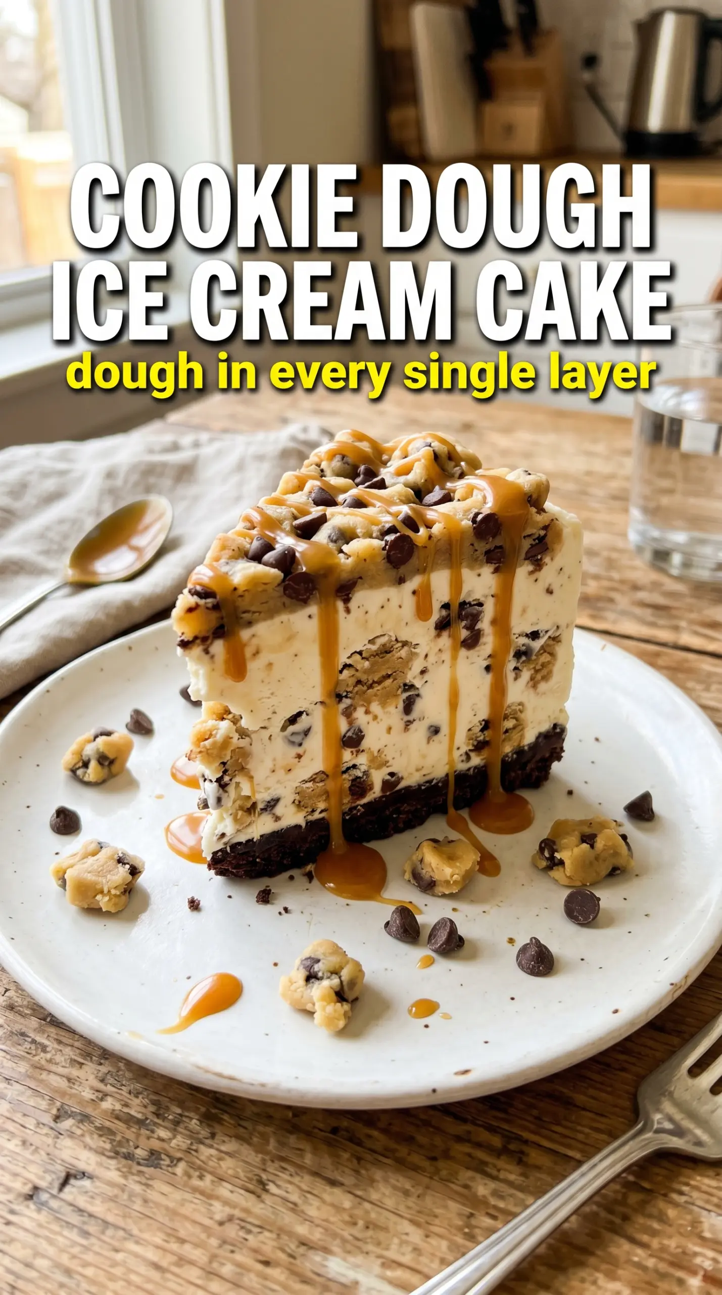 Slice of layered ice cream cake on a plate