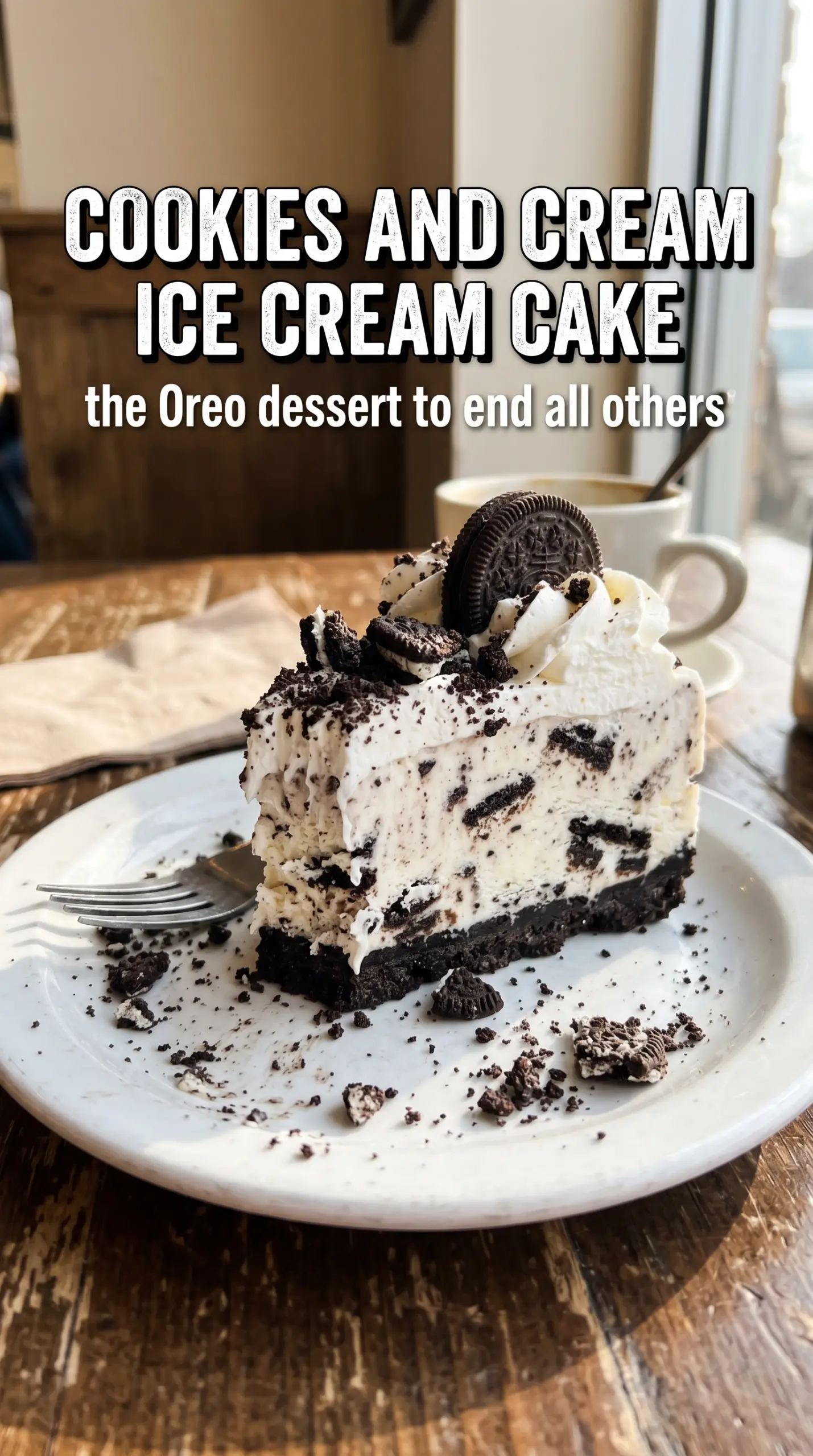 Cookies and cream ice cream cake Oreo layers creamy topping