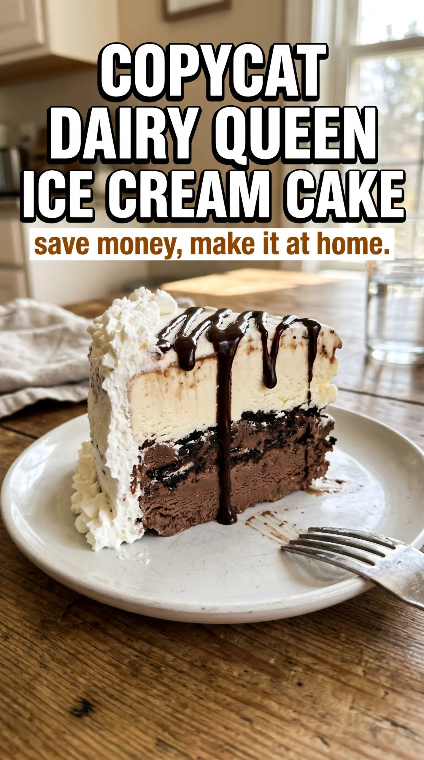 Slice of layered ice cream cake on a plate