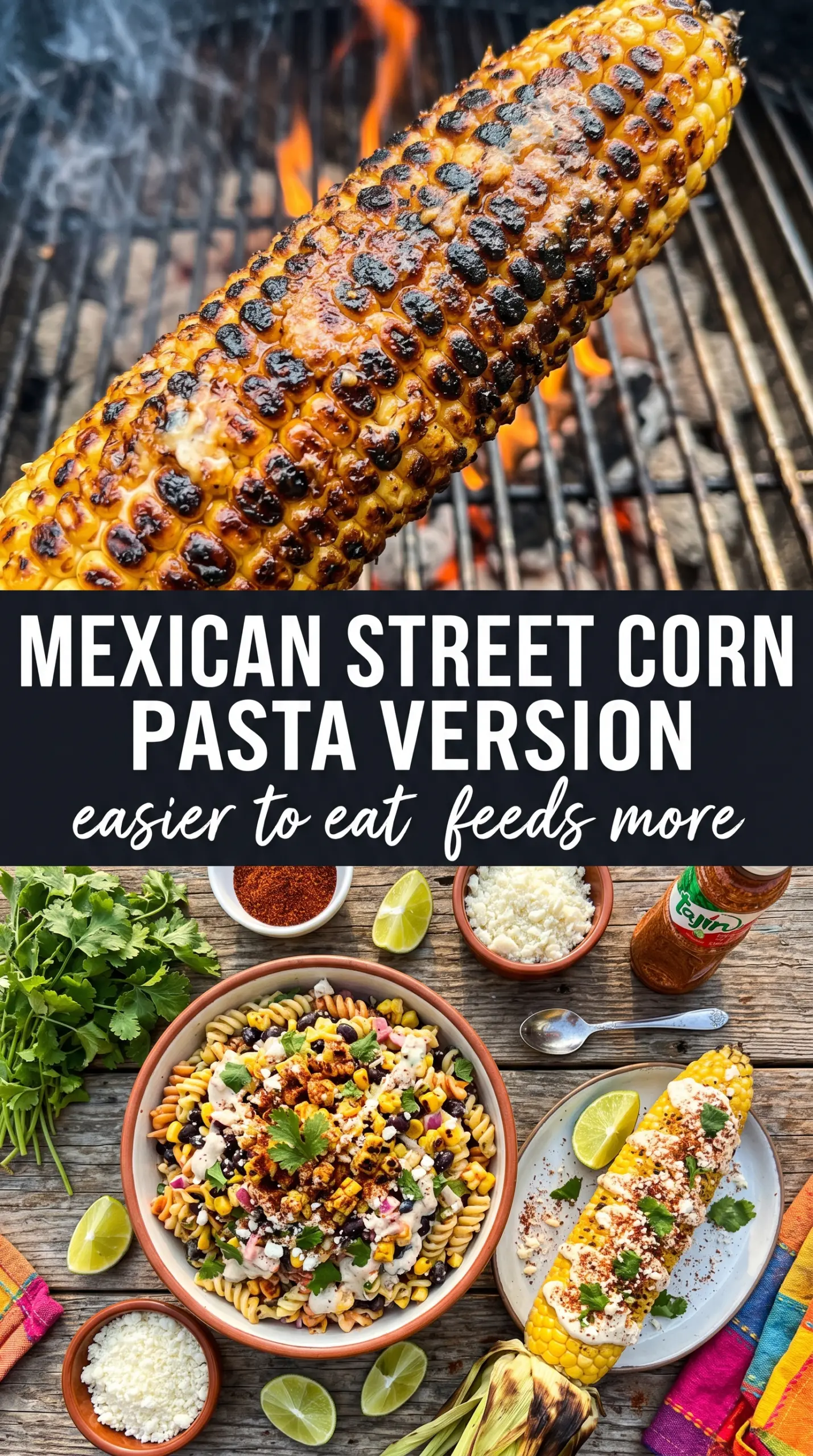 Creamy Street Corn Pasta Salad with charred corn, cotija, and lime