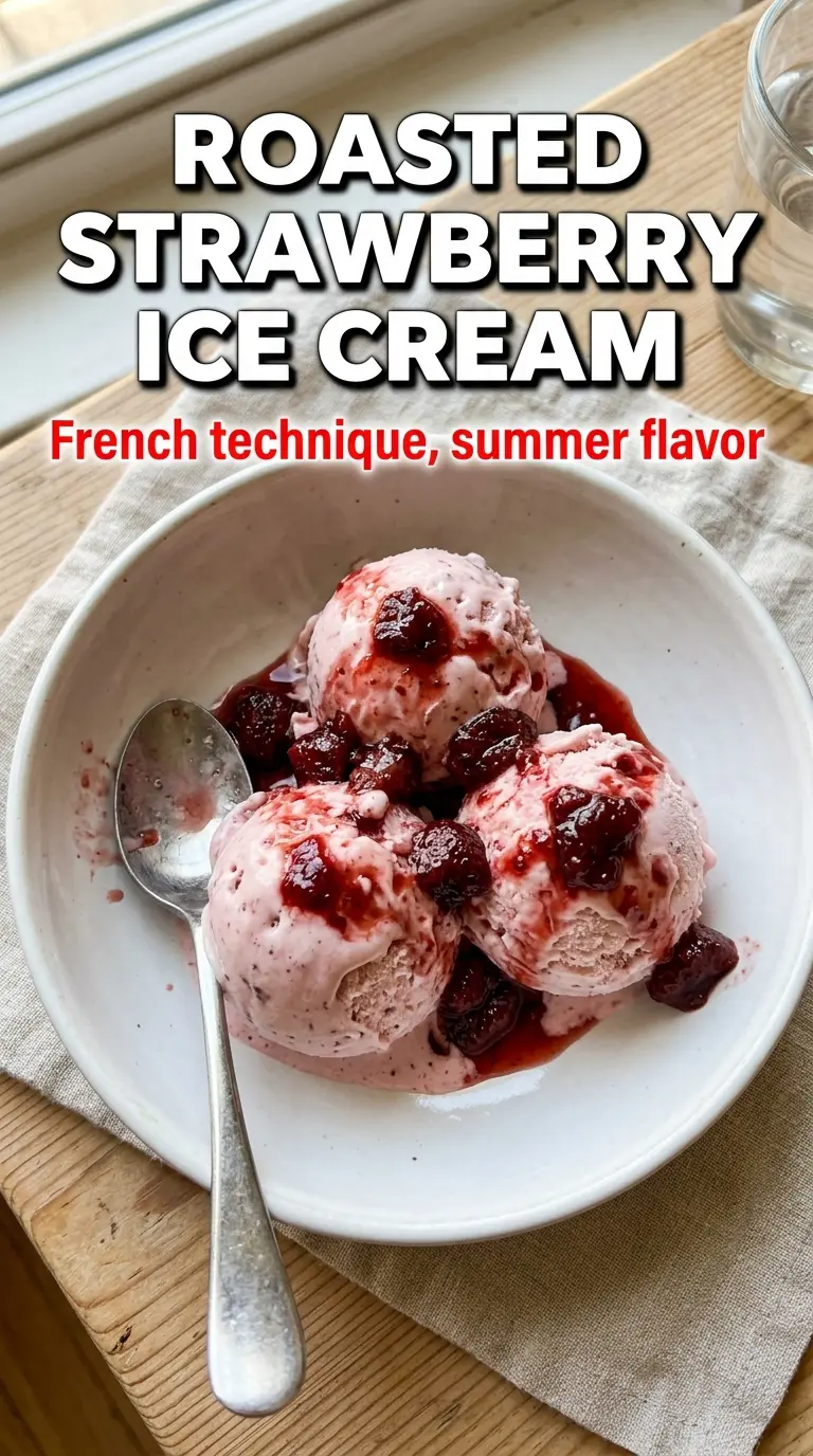 French-Style Roasted Strawberry Ice Cream, ruby-deep custard, jammy berries