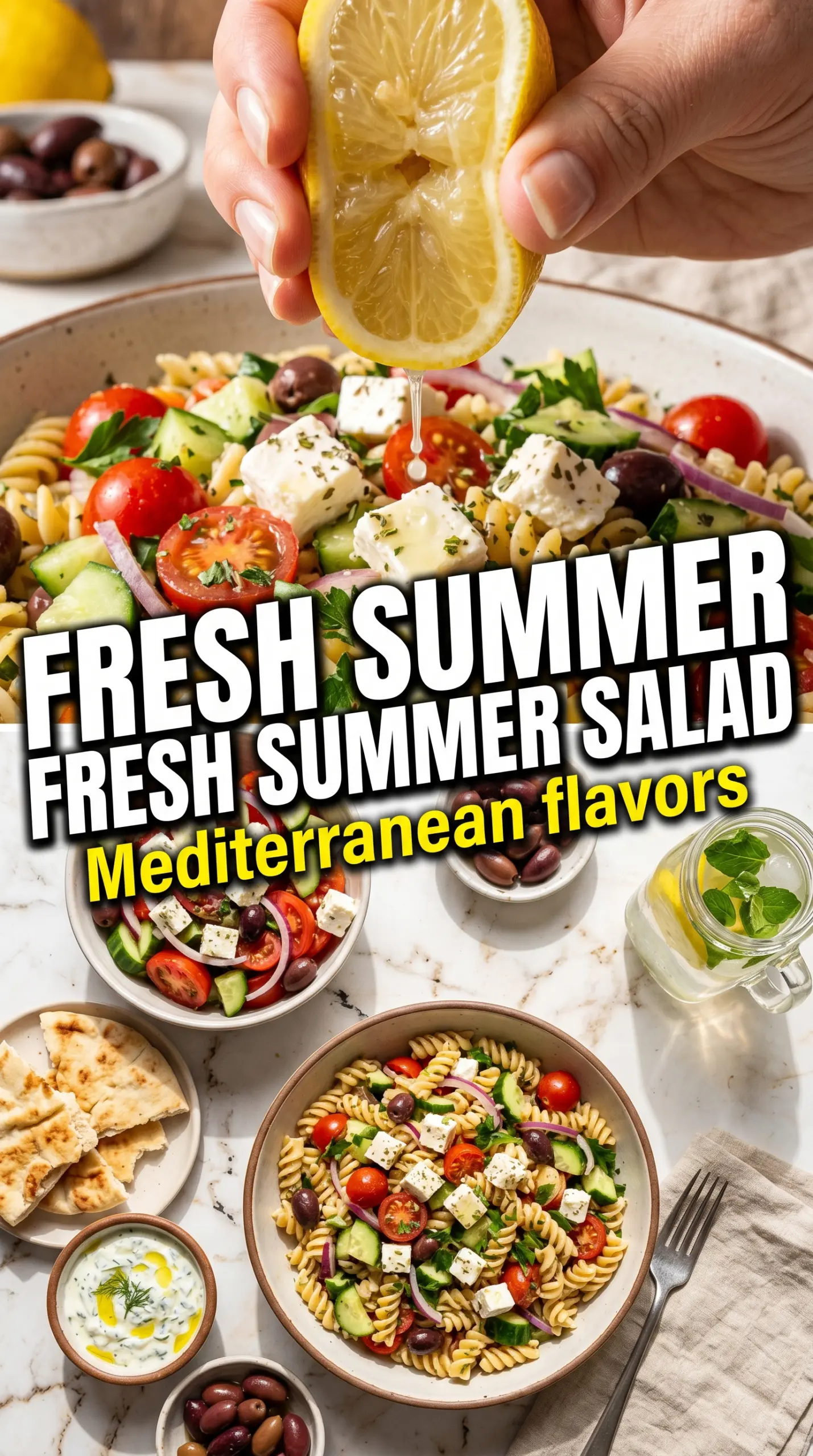 Greek Pasta Salad with Feta Cheese, colorful, chilled, briny