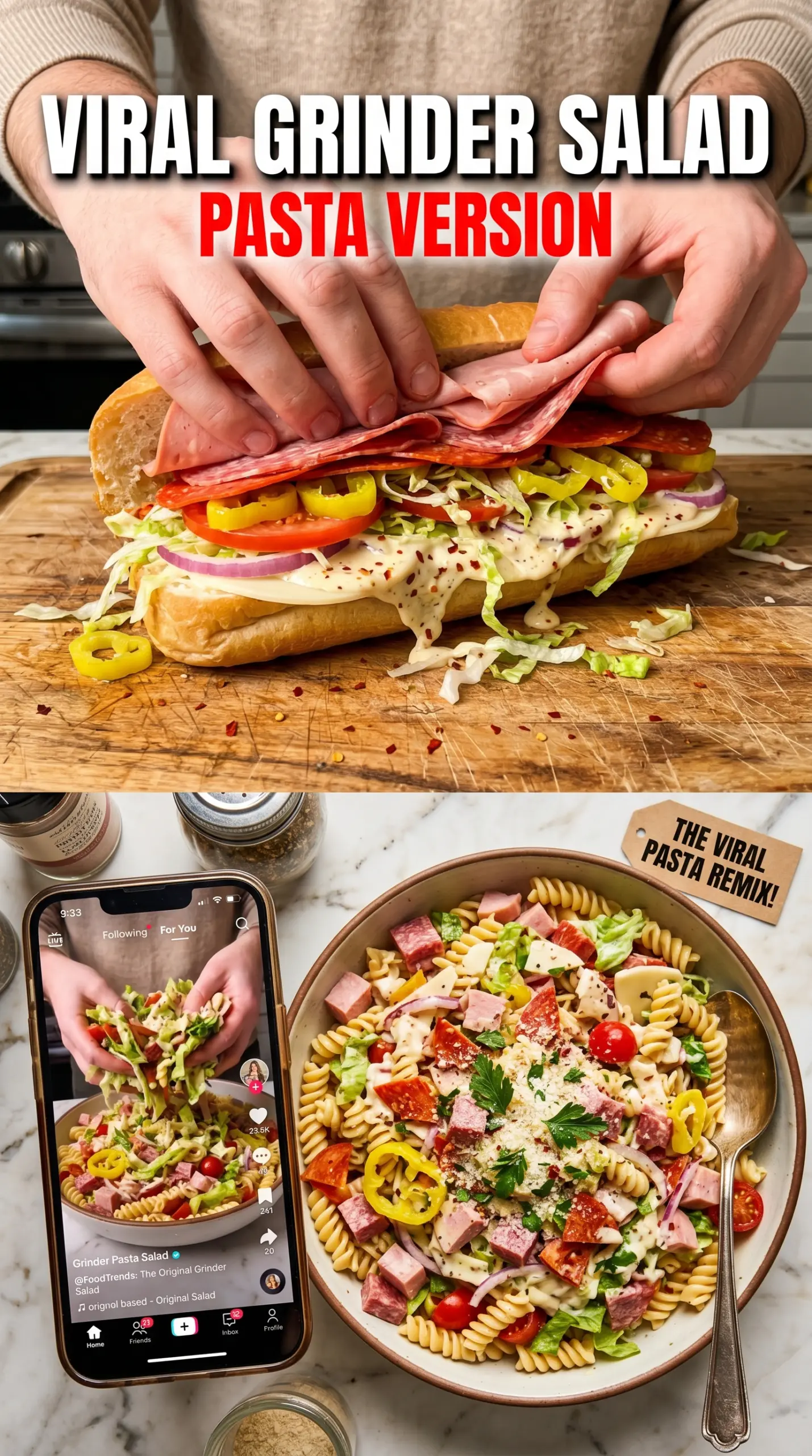 Grinder Pasta Salad with deli meats, banana peppers, and creamy crunch