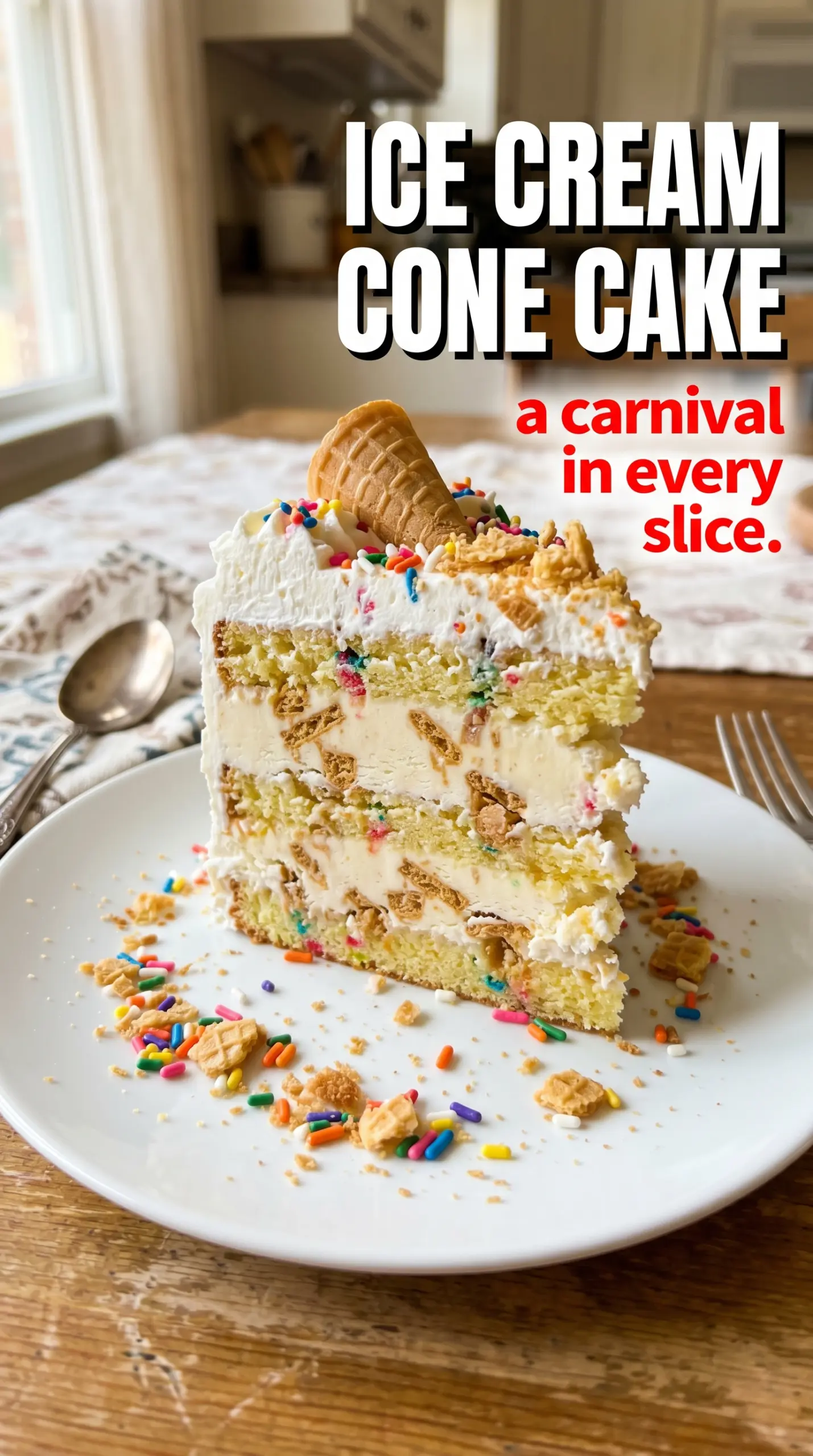 Slice of layered ice cream cake on a plate