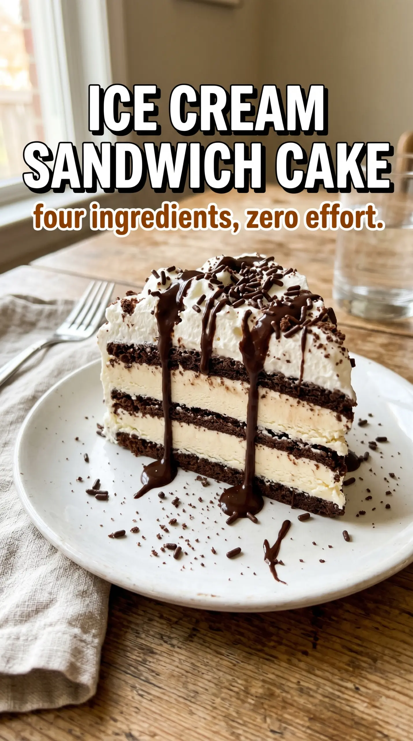 Slice of layered ice cream cake on a plate