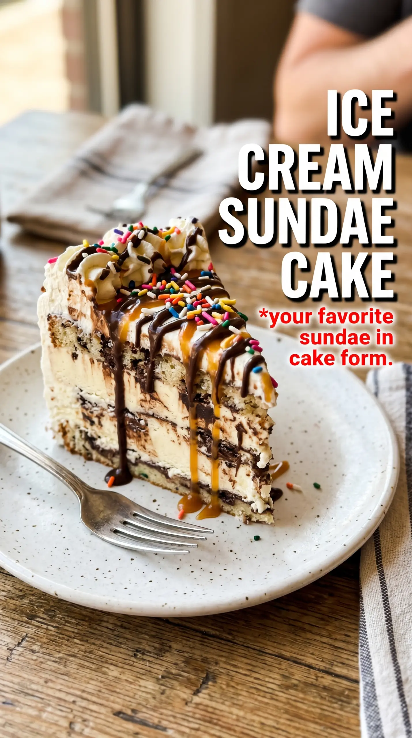 Slice of layered ice cream cake on a plate