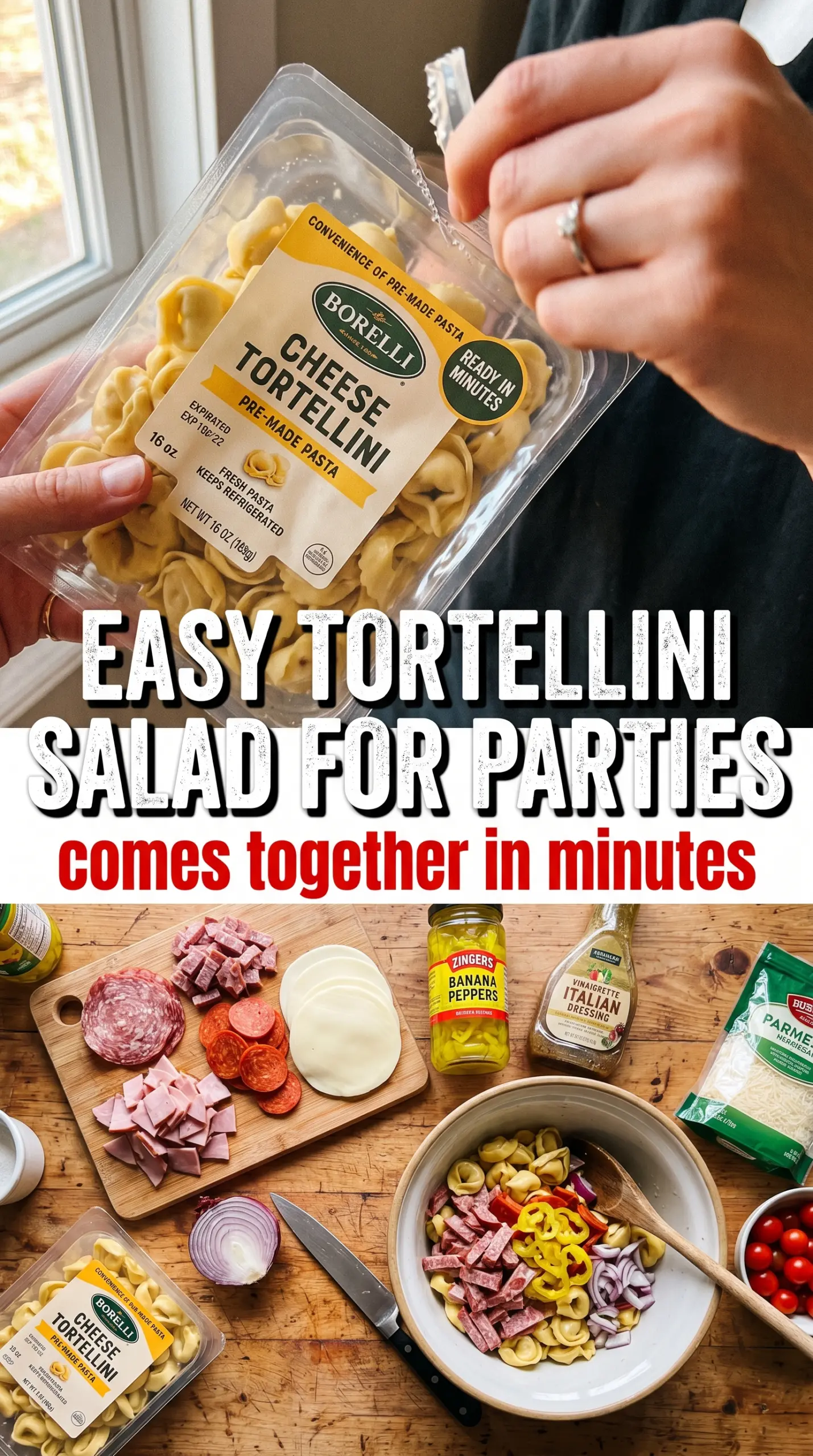 Italian Grinder Tortellini Salad with savory deli meats and tangy peppers