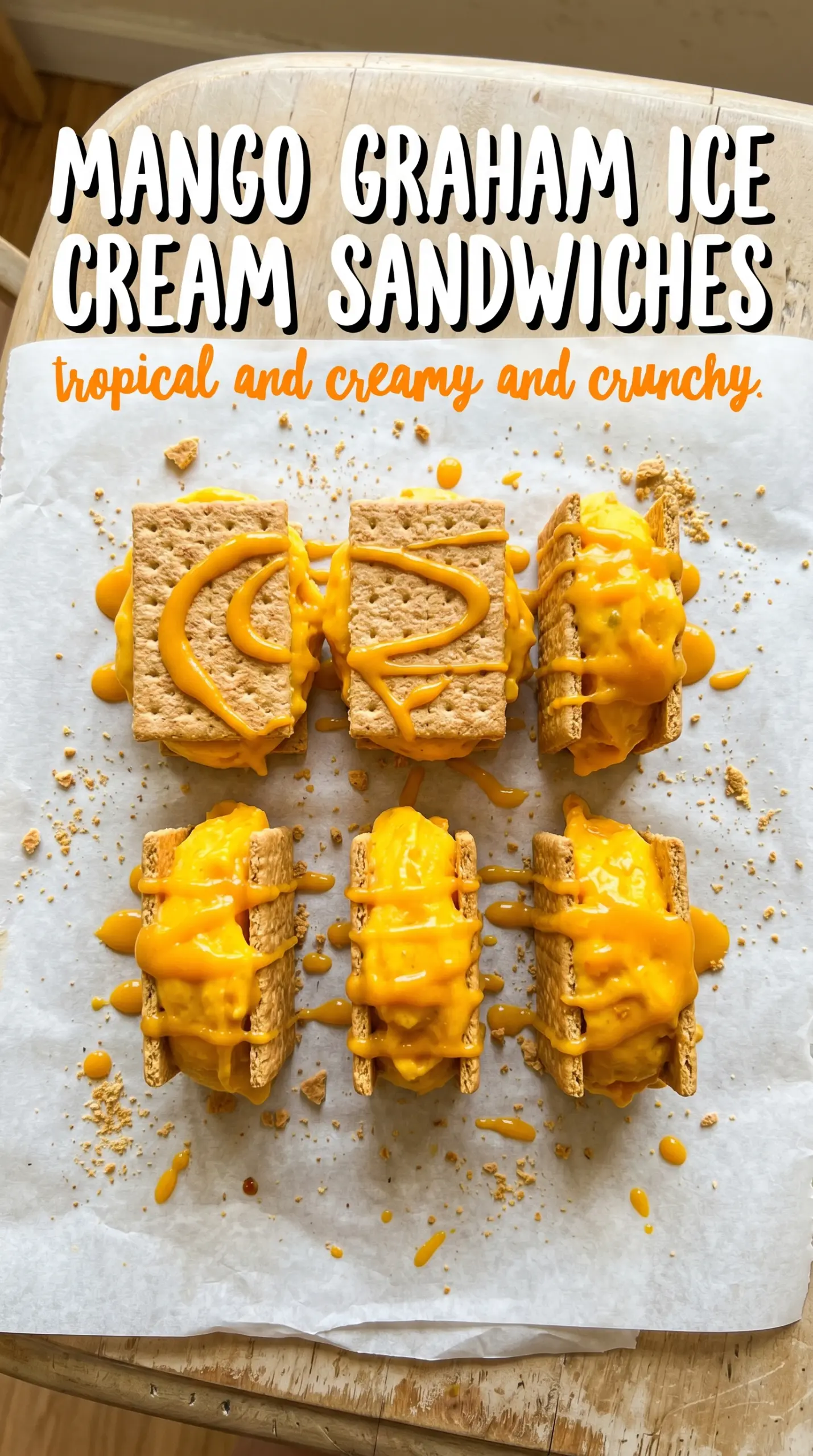 Mango Graham Ice Cream Sandwiches with honey graham cookies, tropical mango, lime coconut