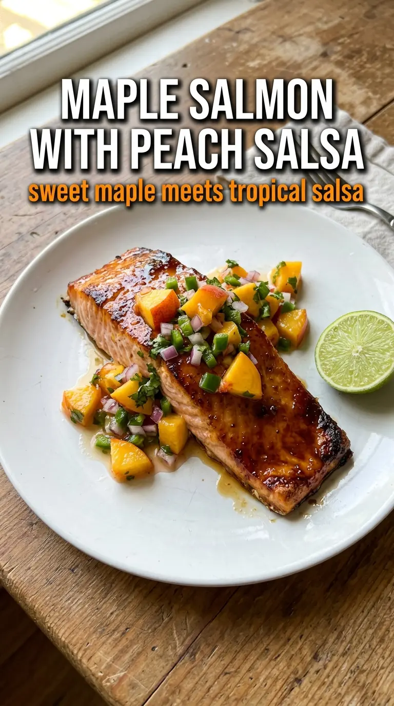 Maple Salmon with Peach Salsa, caramelized, vibrant