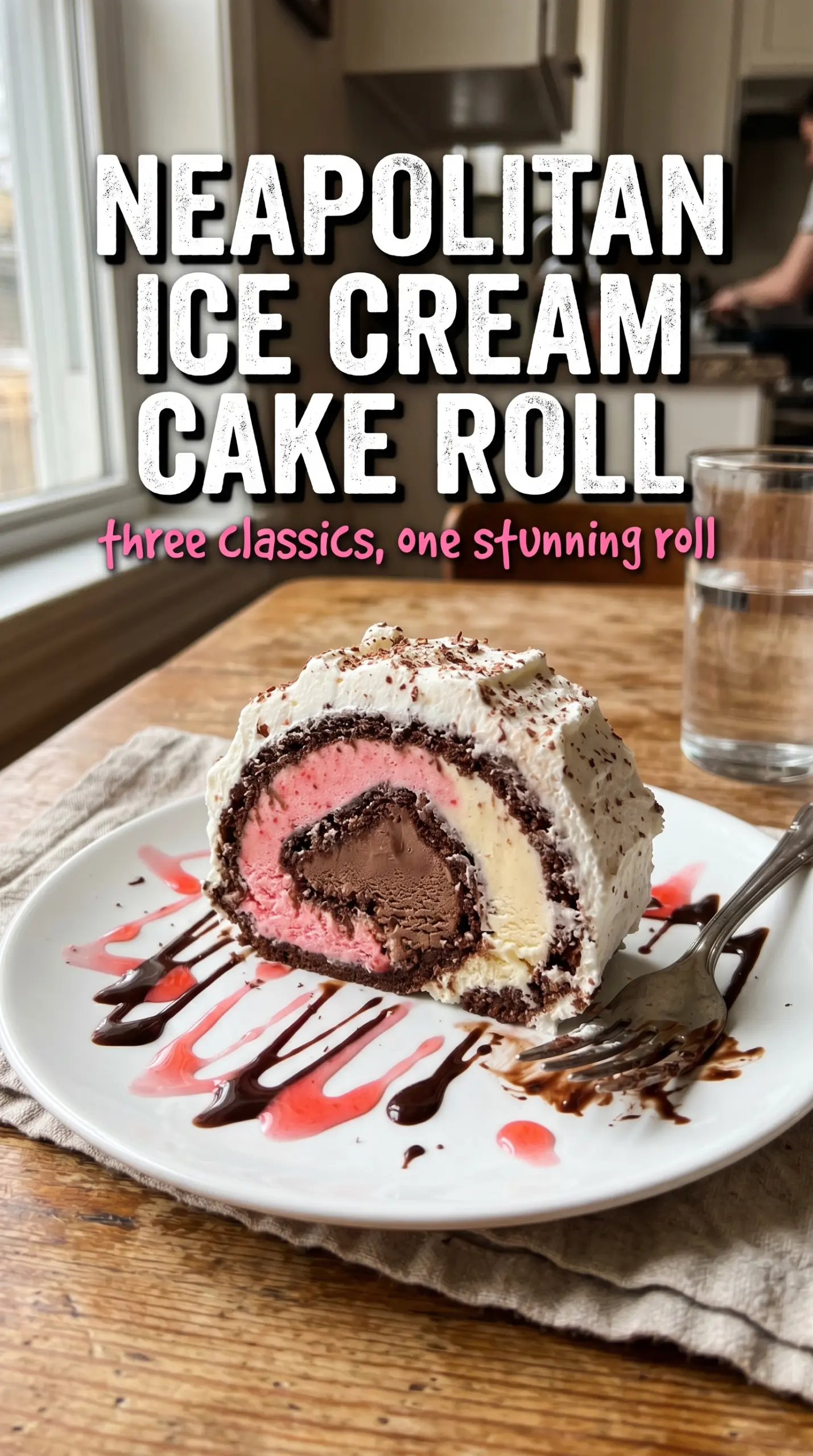 Slice of layered ice cream cake on a plate