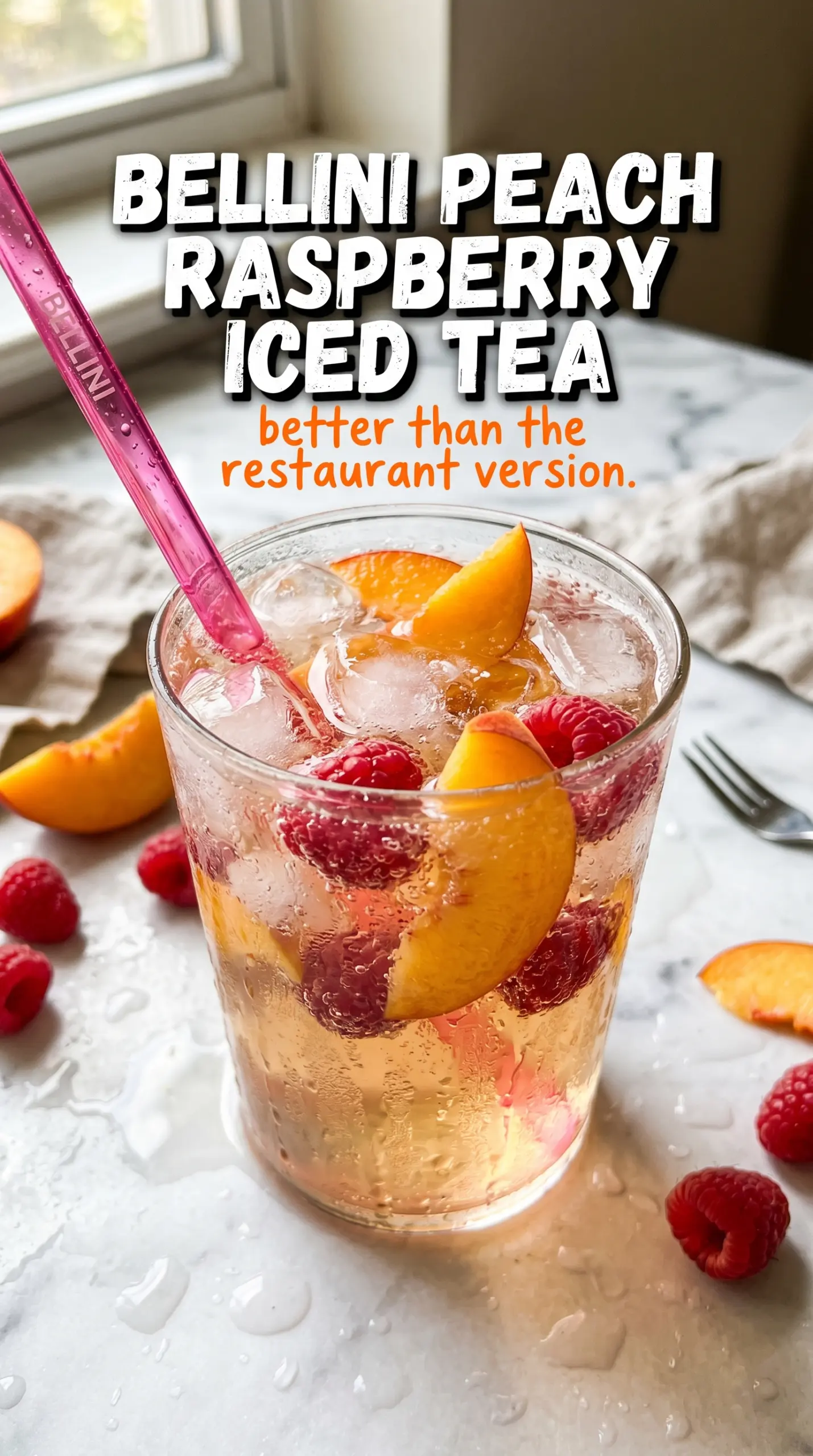 Olive Garden Bellini Peach Raspberry Iced Tea, layered, fruity, sparkling