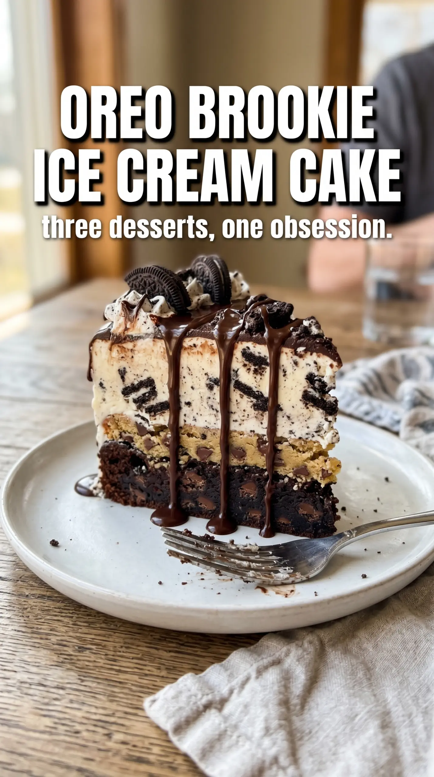 Oreo Brookie Ice Cream Cake sliced layers chocolate cookies-and-cream